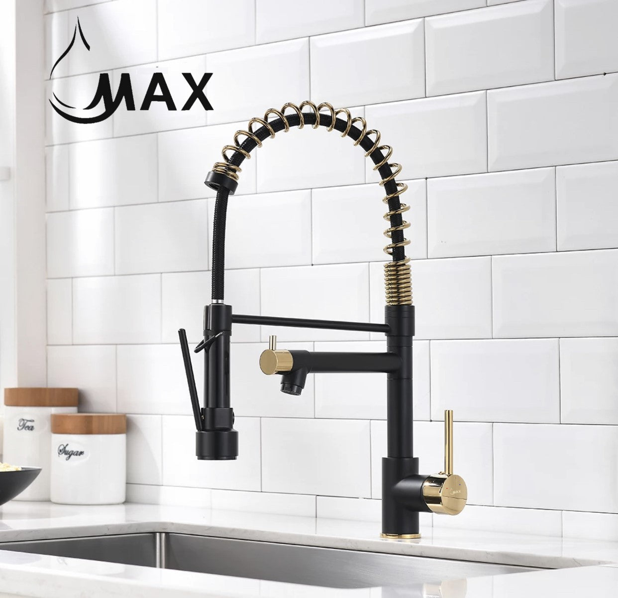 Pull-Down Flexible Kitchen Faucet With Separate Pot Filler Spout & LED Light 19" Matte Black,Shiny Gold Finis