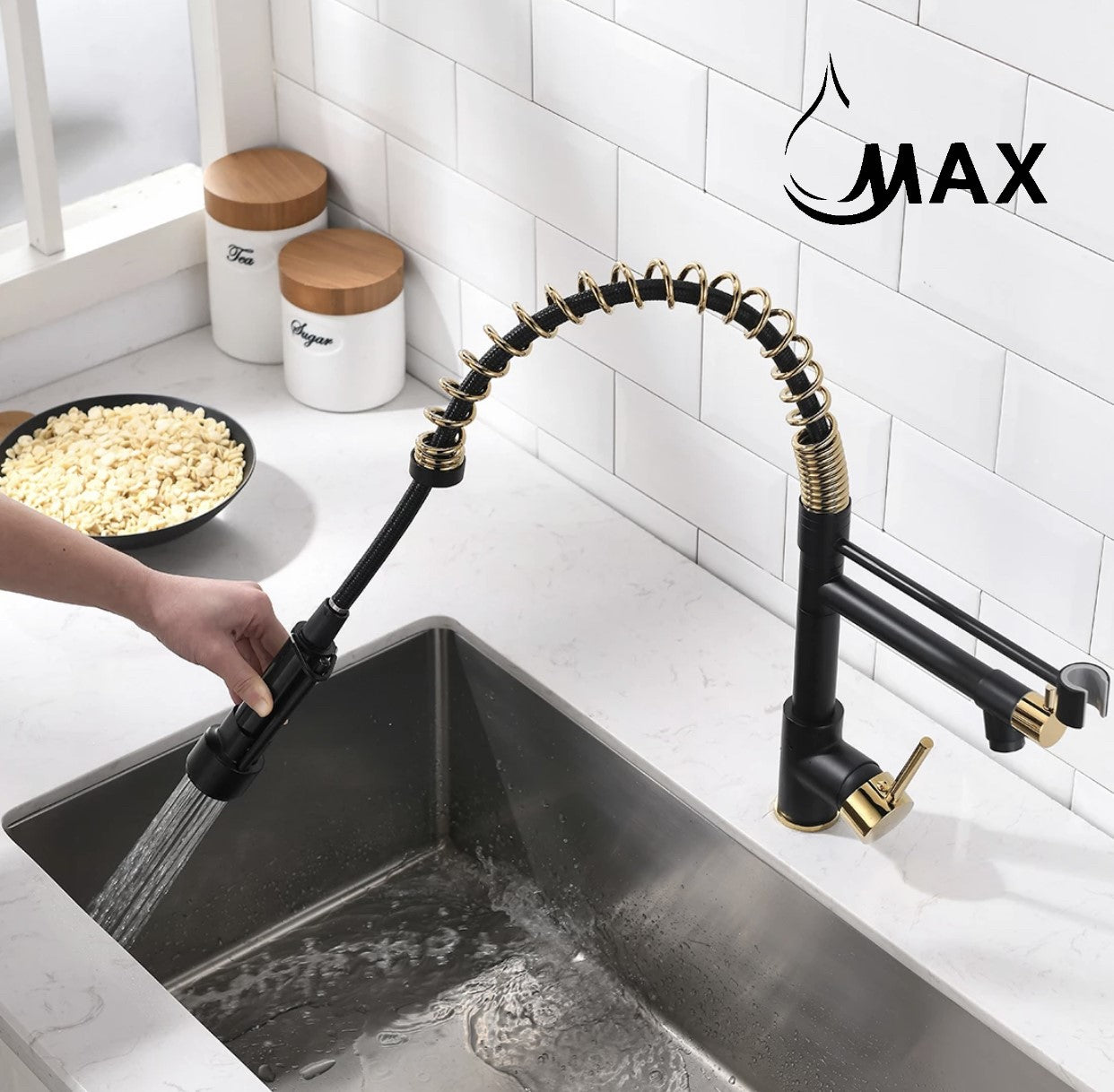 Pull-Down Flexible Kitchen Faucet With Separate Pot Filler Spout & LED Light 19" Matte Black,Shiny Gold Finis