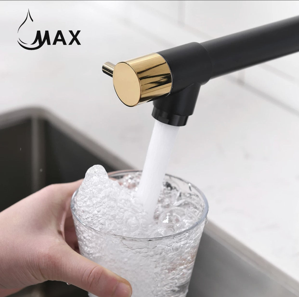 Pull-Down Flexible Kitchen Faucet With Separate Pot Filler Spout & LED Light 19" Matte Black,Shiny Gold Finis