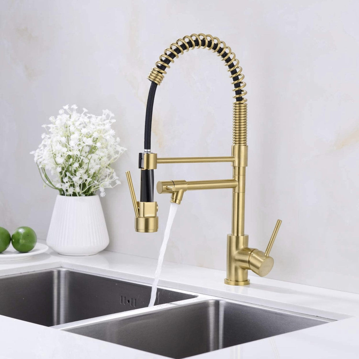 Hands Free Kitchen Faucet Pre-Rinse Pull-Down Flexible With Separate Pot Filler Spout 19" Brushed Gold Finish