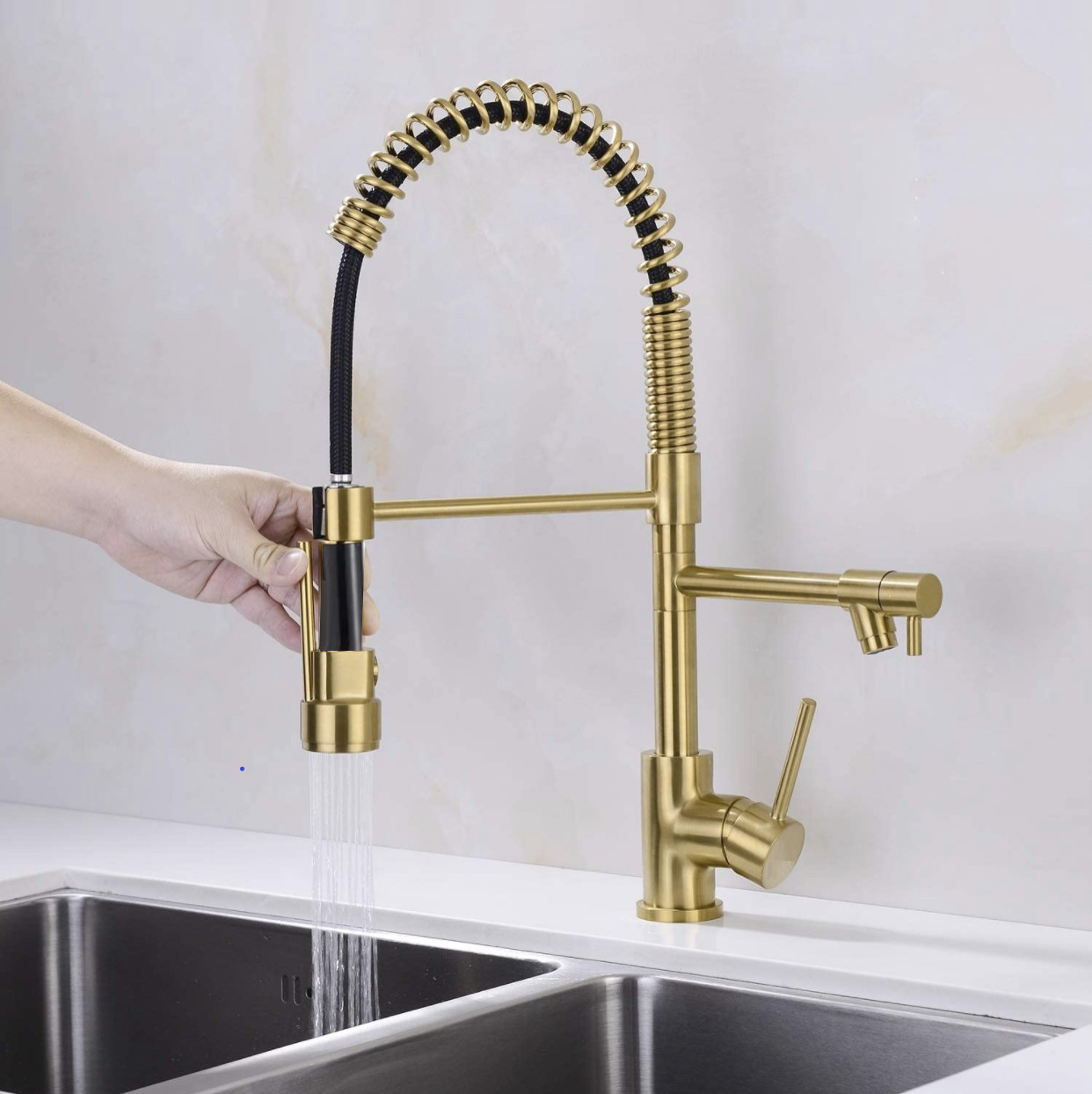 Hands Free Kitchen Faucet Pre-Rinse Pull-Down Flexible With Separate Pot Filler Spout 19" Brushed Gold Finish