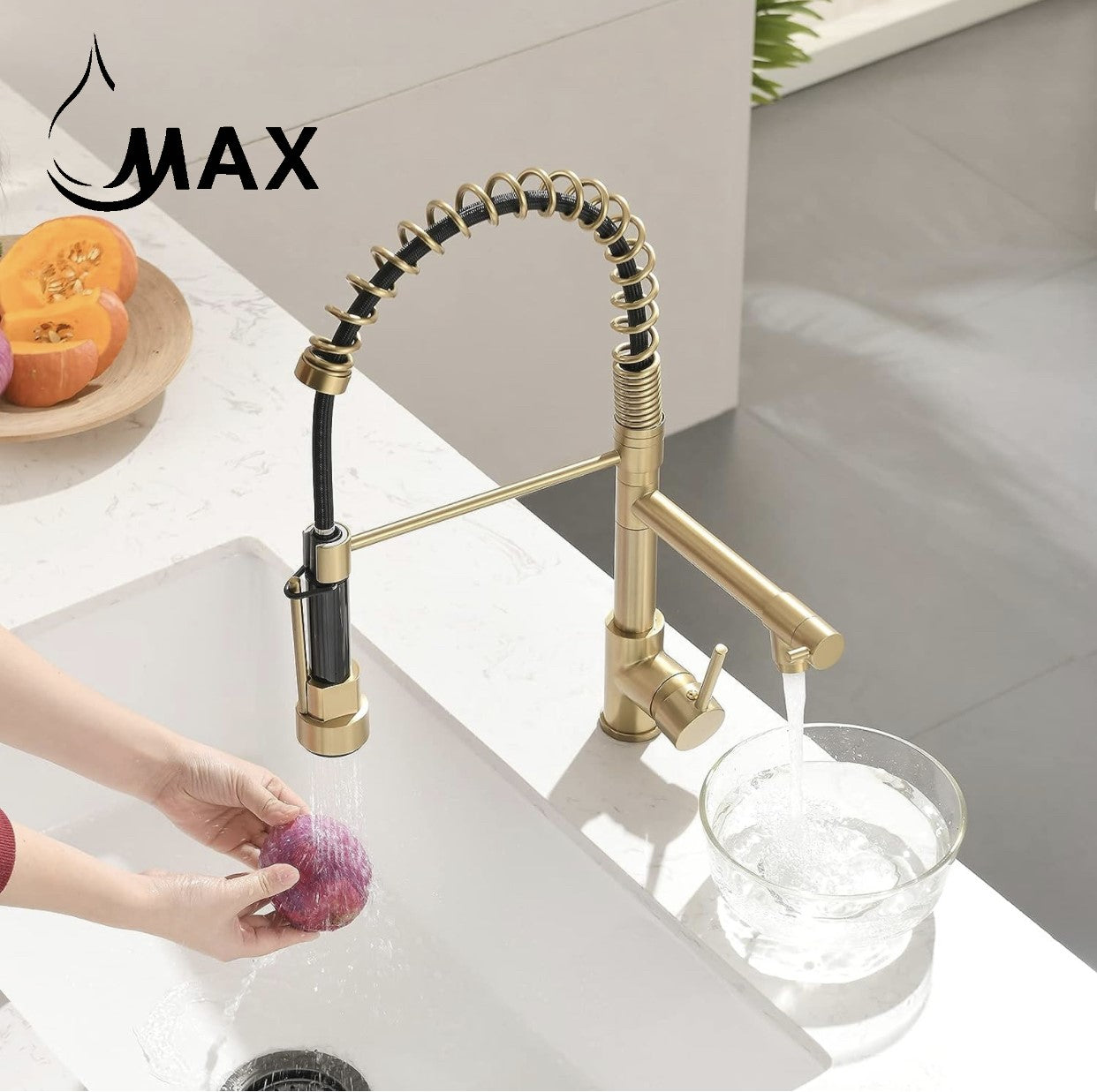 Hands Free Kitchen Faucet Pre-Rinse Pull-Down Flexible With Separate Pot Filler Spout 19" Brushed Gold Finish