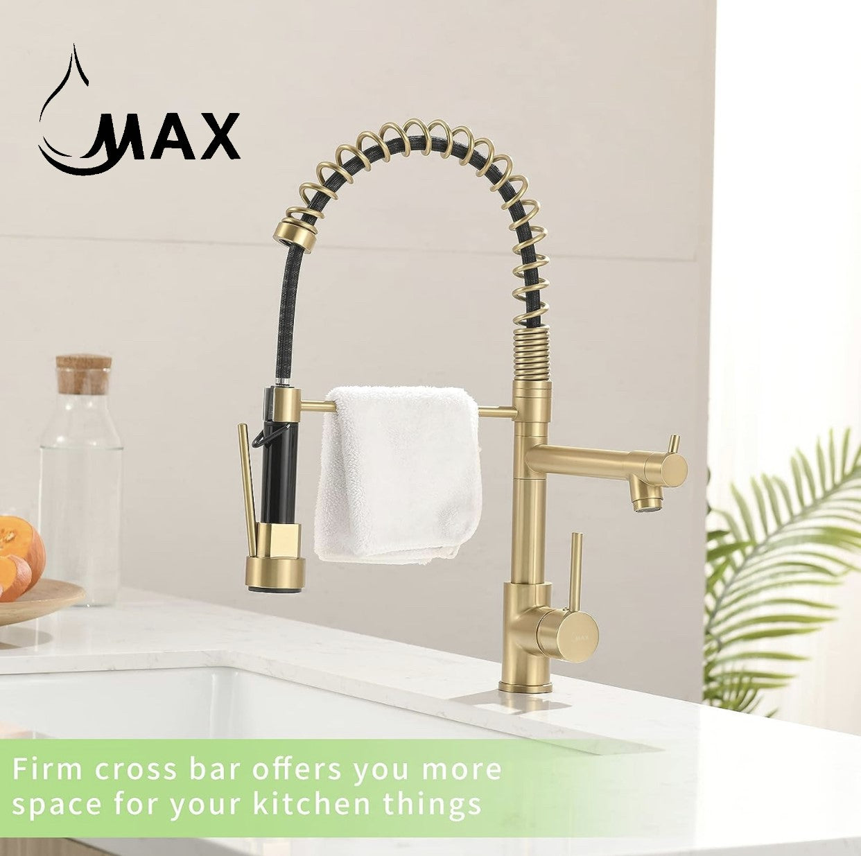 Hands Free Kitchen Faucet Pre-Rinse Pull-Down Flexible With Separate Pot Filler Spout 19" Brushed Gold Finish