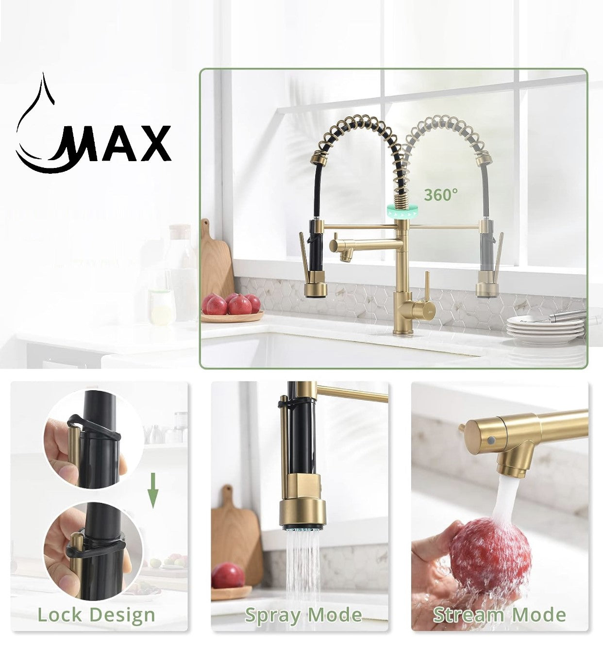 Hands Free Kitchen Faucet Pre-Rinse Pull-Down Flexible With Separate Pot Filler Spout 19" Brushed Gold Finish