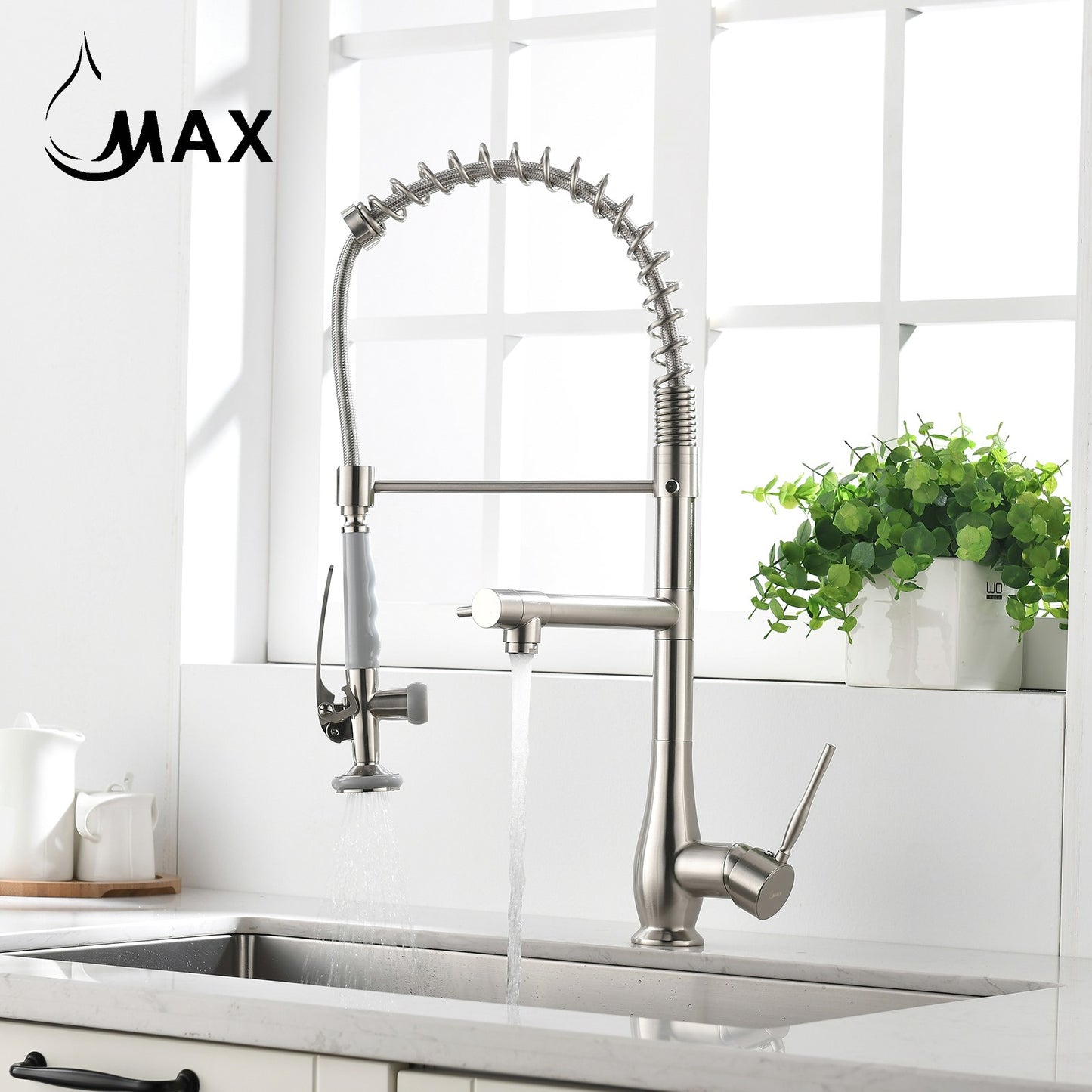 Pre-Rinse Kitchen Faucet Chef Style Pull-Down With Separate Pot Filler Spout Brushed Nickel 22"