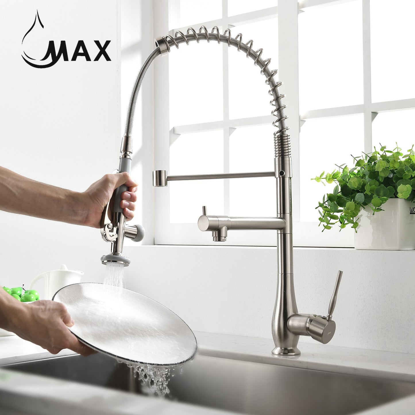 Pre-Rinse Kitchen Faucet Chef Style Pull-Down With Separate Pot Filler Spout Brushed Nickel 22"
