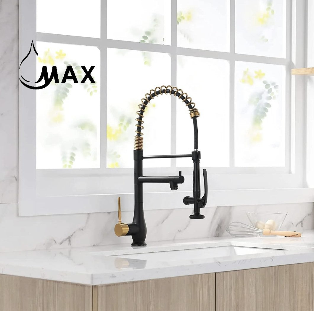 Pre-Rinse Kitchen Faucet Chef Style Pull-Down With Separate Pot Filler Spout Matte Black / Brushed Gold 22"