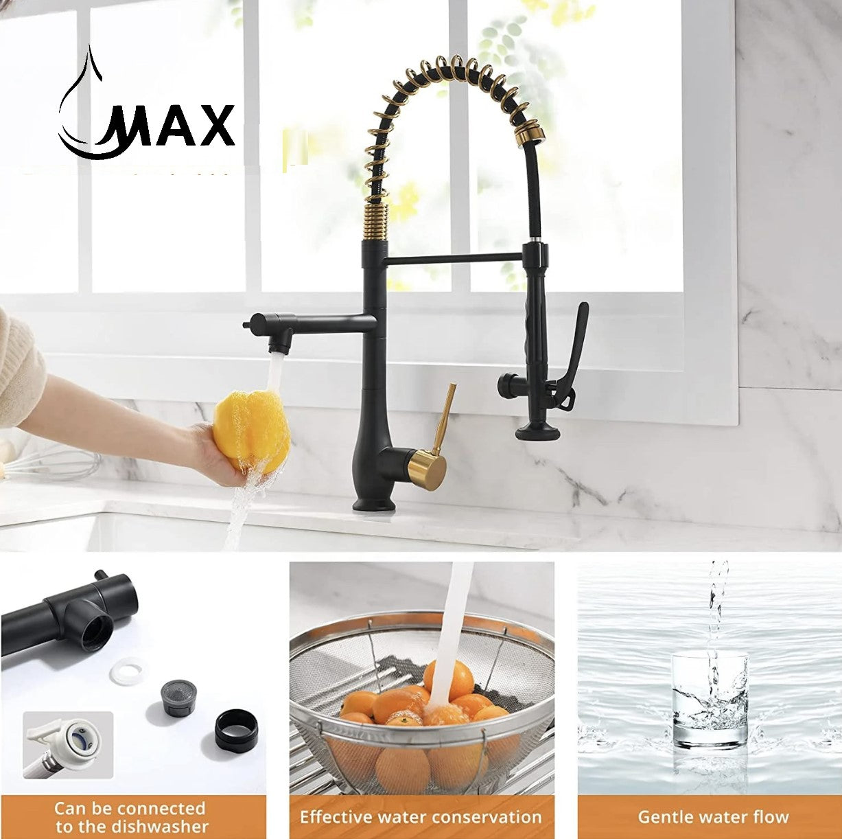 Pre-Rinse Kitchen Faucet Chef Style Pull-Down With Separate Pot Filler Spout Matte Black / Brushed Gold 22"