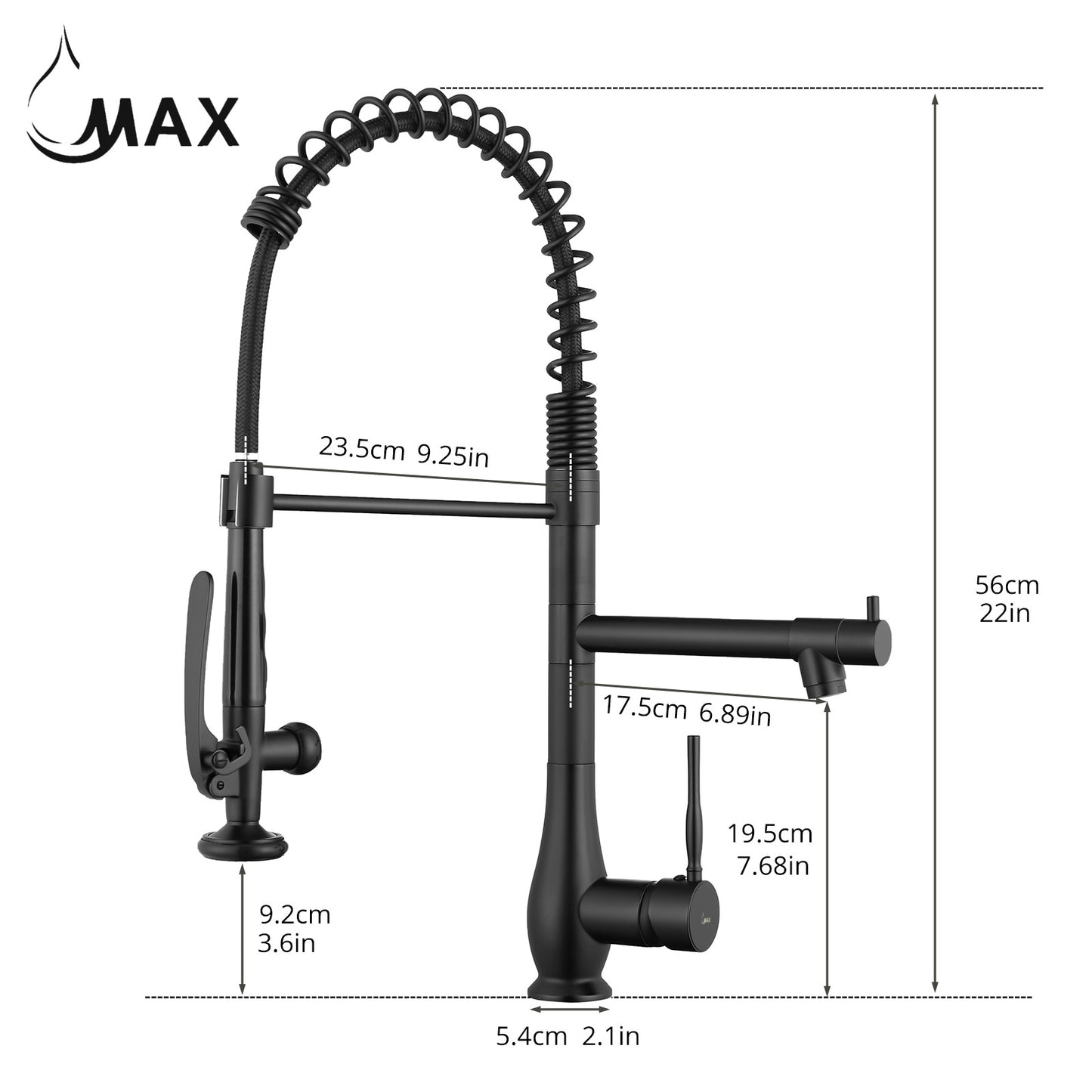 Pre-Rinse Kitchen Faucet Chef Style Pull-Down With Separate Pot Filler Spout Matte Black 22"