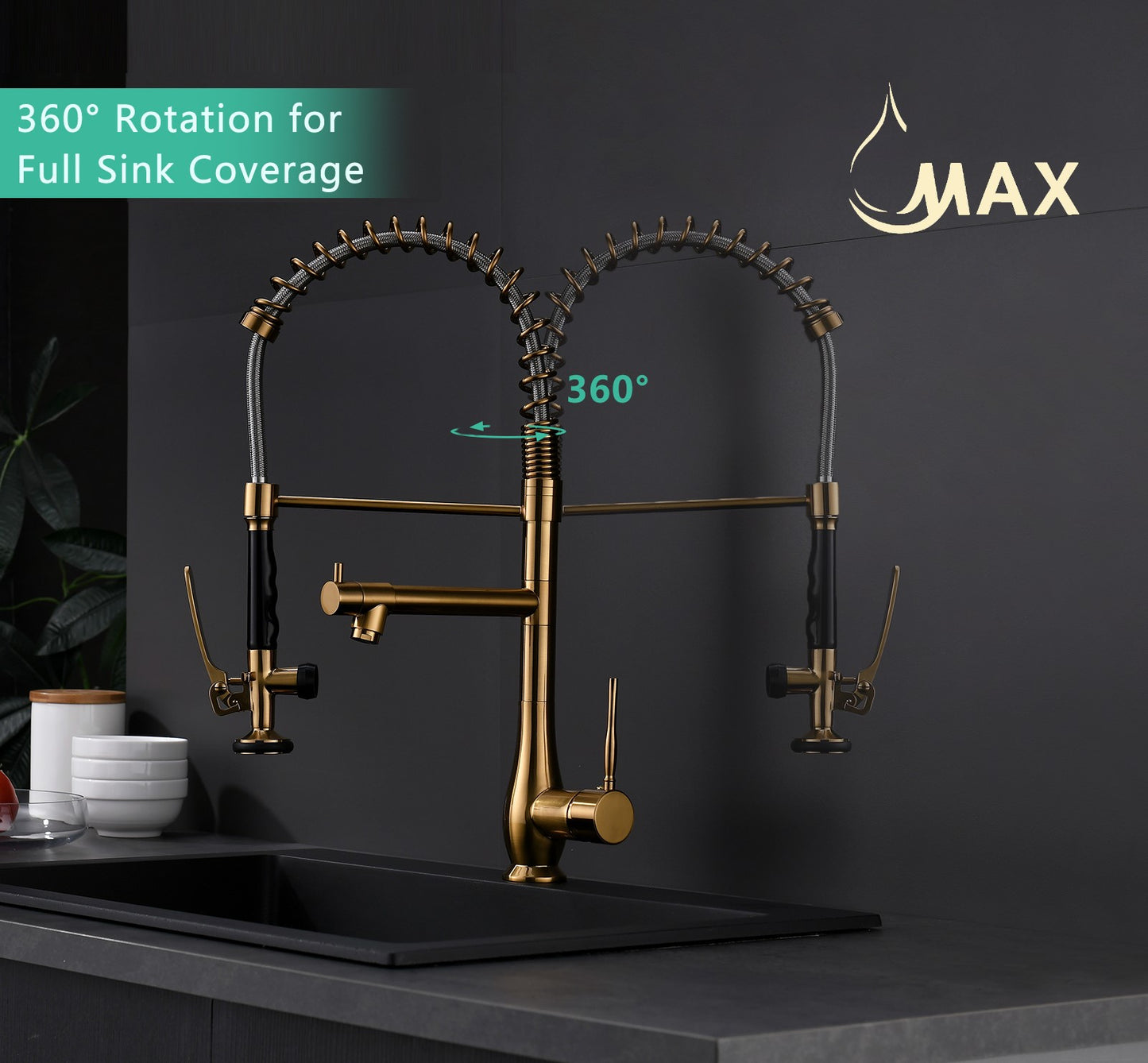 Pre-Rinse Kitchen Faucet Chef Style Pull-Down With Separate Pot Filler Spout Brushed Gold 22"