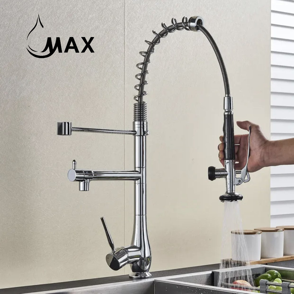 Pre-Rinse Kitchen Faucet Chef Style Pull-Down With Separate Pot Filler Spout Chrome Finish 22"