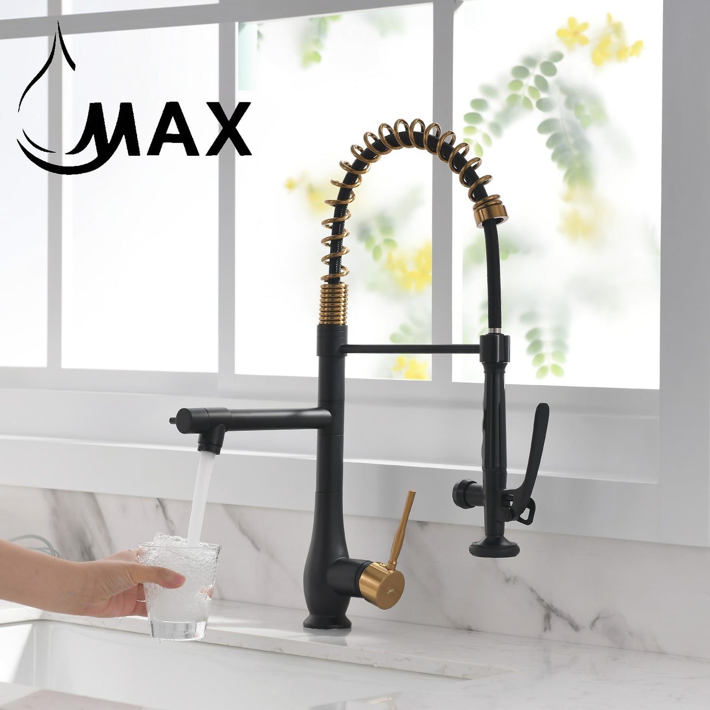 Pre-Rinse Kitchen Faucet Chef Style Pull-Down With Separate Pot Filler Spout Matte Black / Brushed Gold 22"