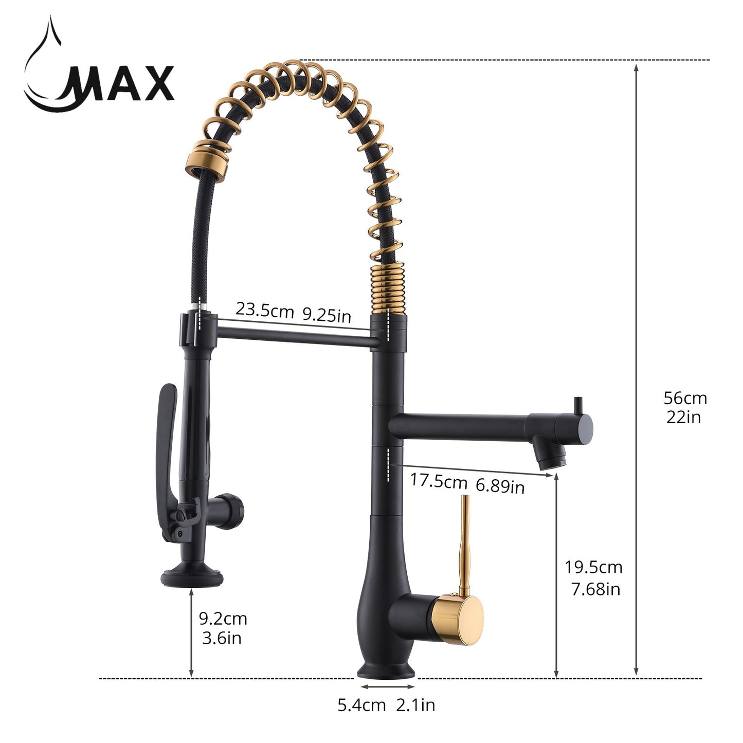 Pre-Rinse Kitchen Faucet Chef Style Pull-Down With Separate Pot Filler Spout Matte Black / Brushed Gold 22"