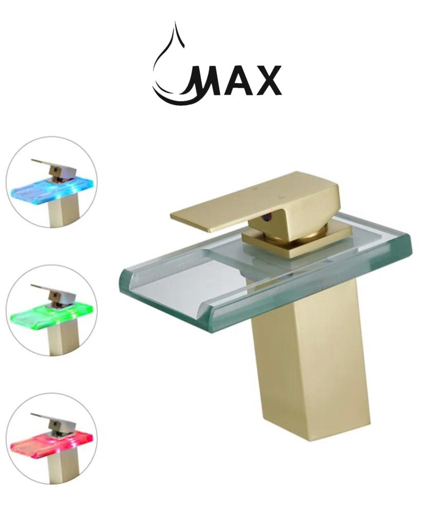 Waterfall Bathroom Faucet Single Handle With LED Light Brushed Gold,Glass Finish