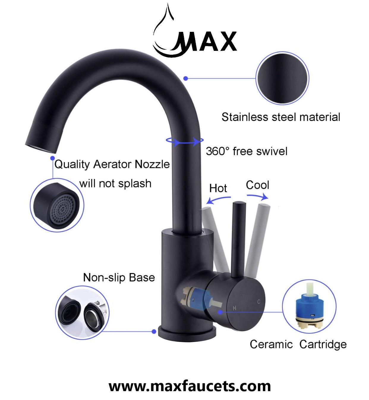 Bathroom Faucet With Pop-UP Drain Side Handle Matte Black Finish