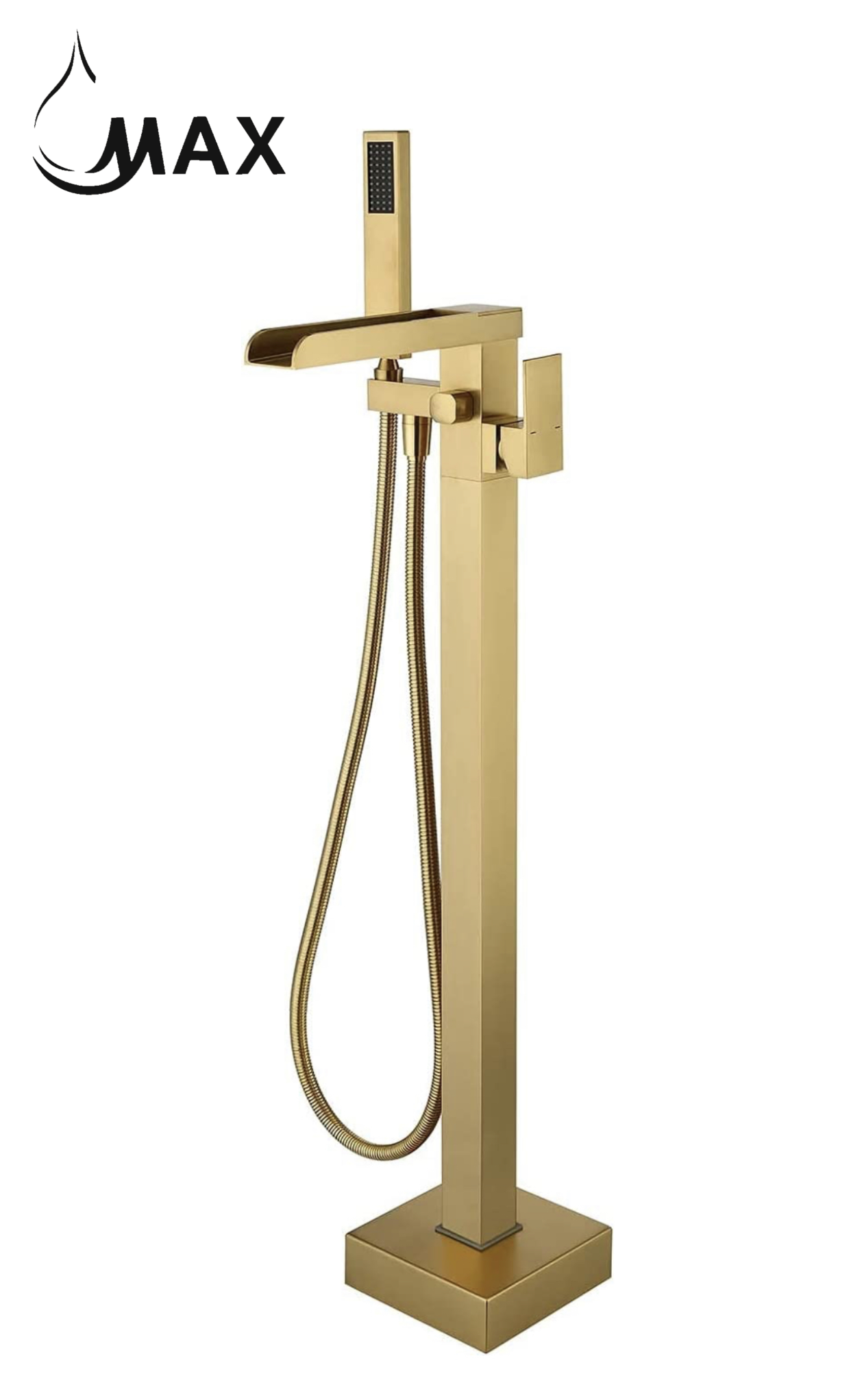 Tub Filler Waterfall Faucet Single Handle Floor Mount With Rough-In And Handheld Brushed gold