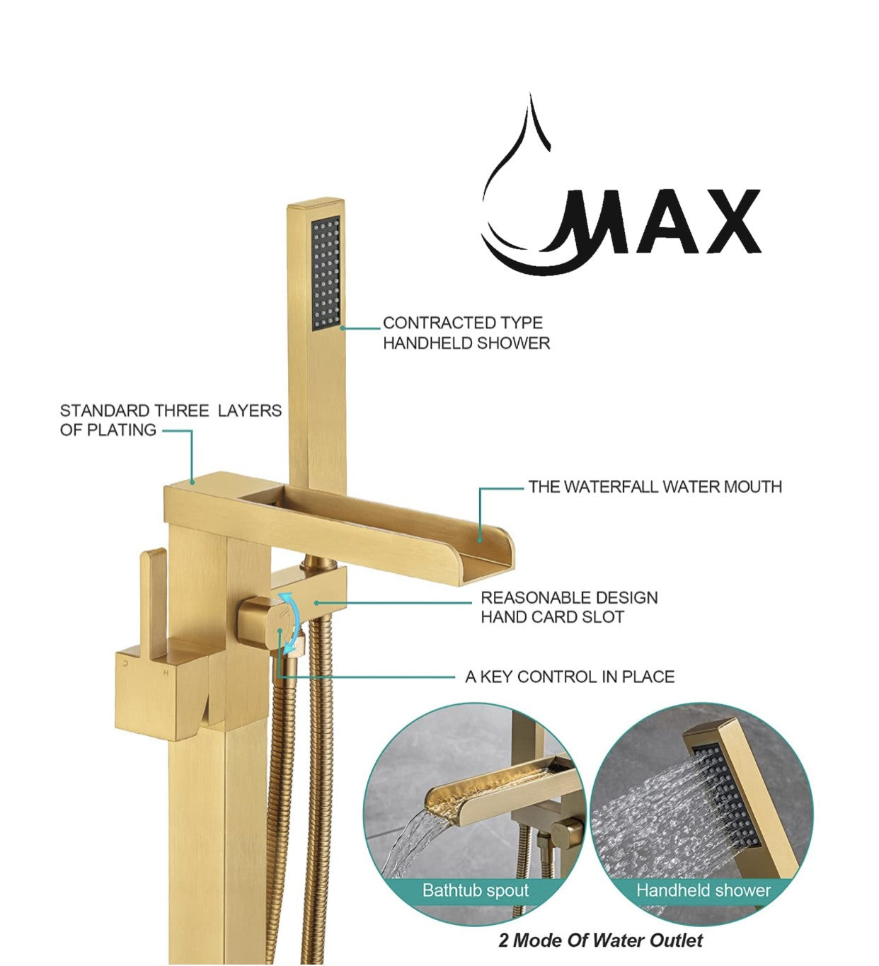 Tub Filler Waterfall Faucet Single Handle Floor Mount With Rough-In And Handheld Brushed gold