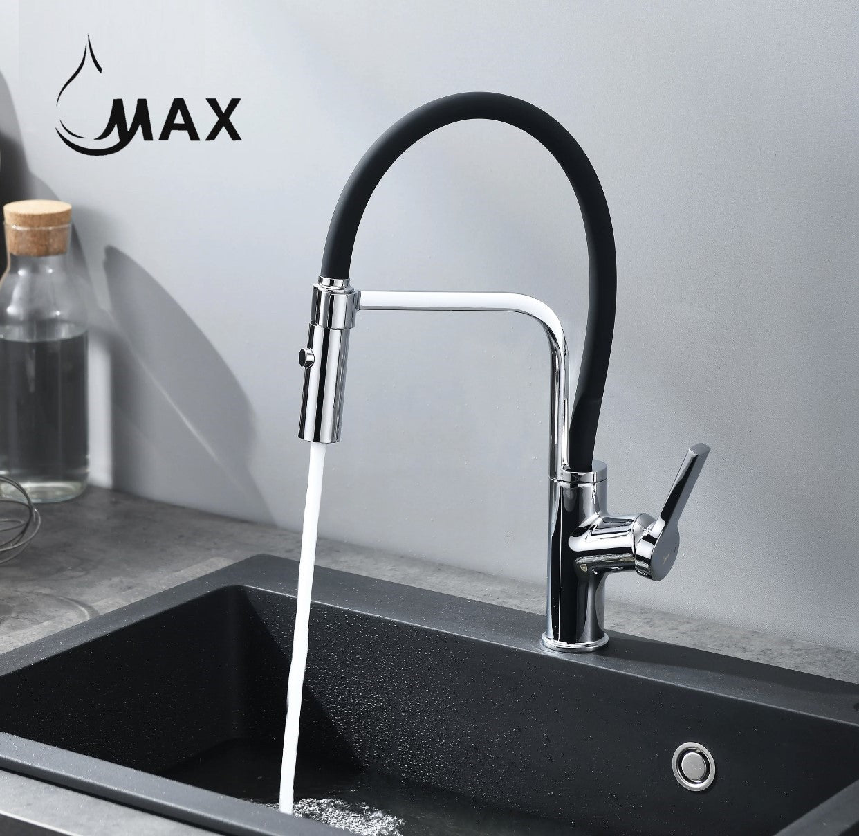 Pull-Down Kitchen Faucet 18" Single Handle Flexible Rubber Chrome,Matte Black Rubber Finish.