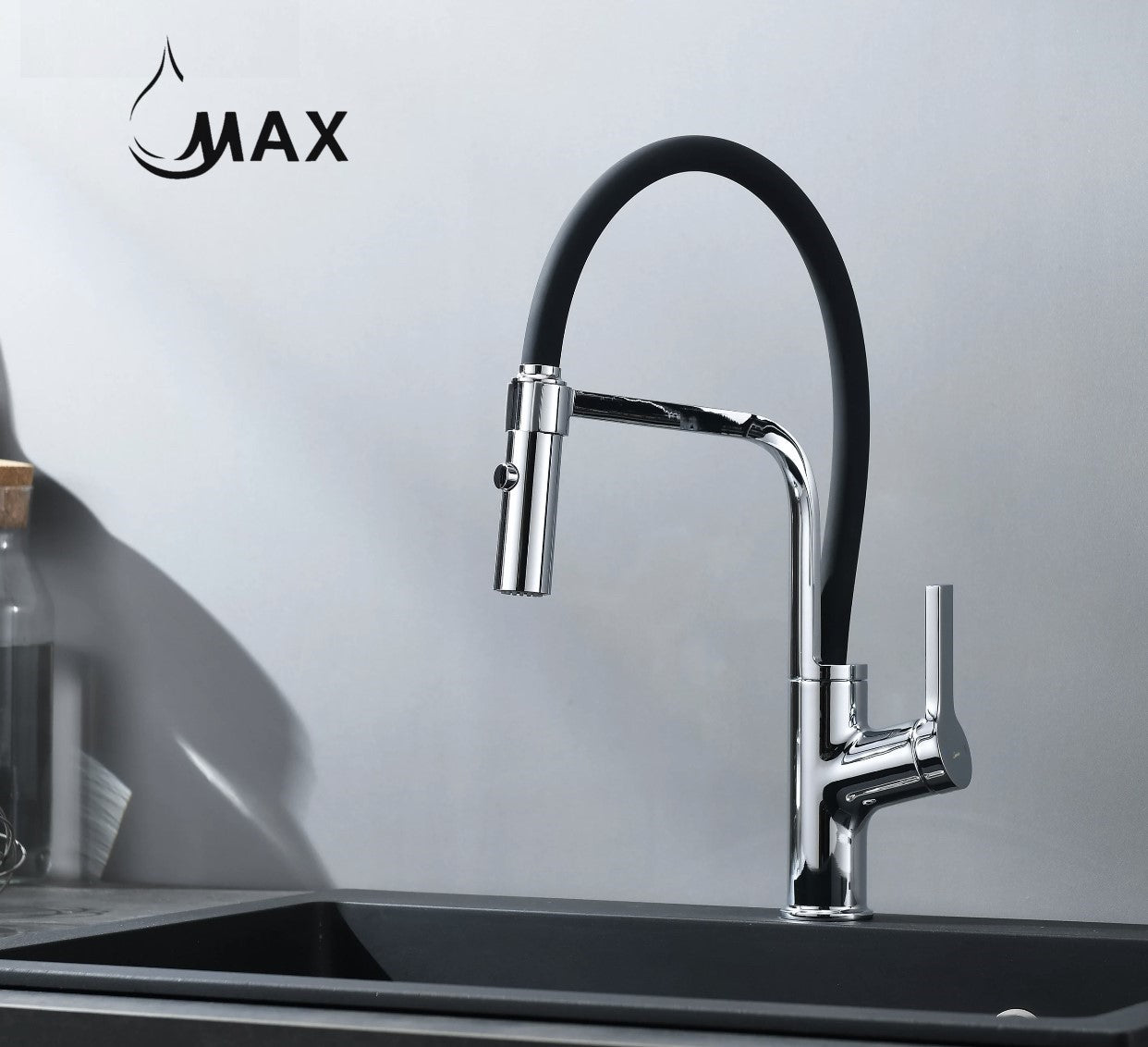 Pull-Down Kitchen Faucet 18" Single Handle Flexible Rubber Chrome,Matte Black Rubber Finish.