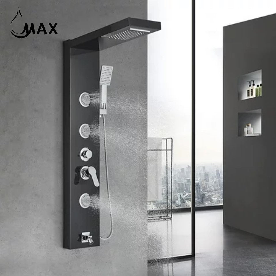 Rainfall Shower Panel System Five Functions with 3 Massage Jets and Handheld Black Finish
