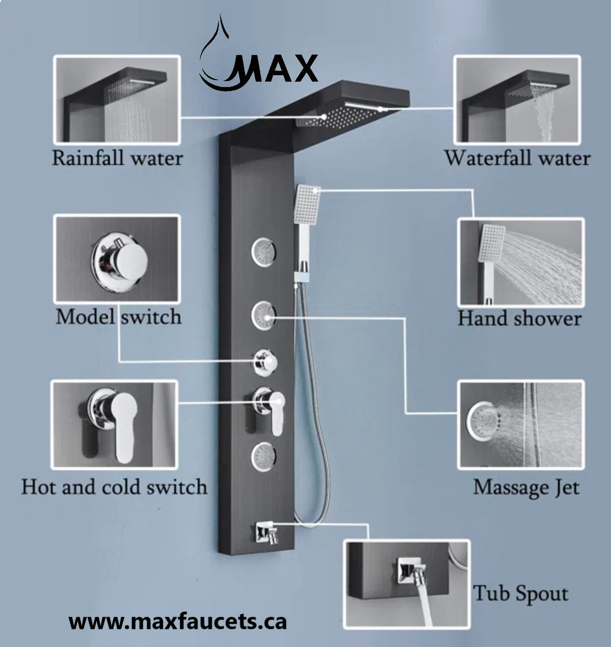 Rainfall Shower Panel System Five Functions with 3 Massage Jets and Handheld Black Finish