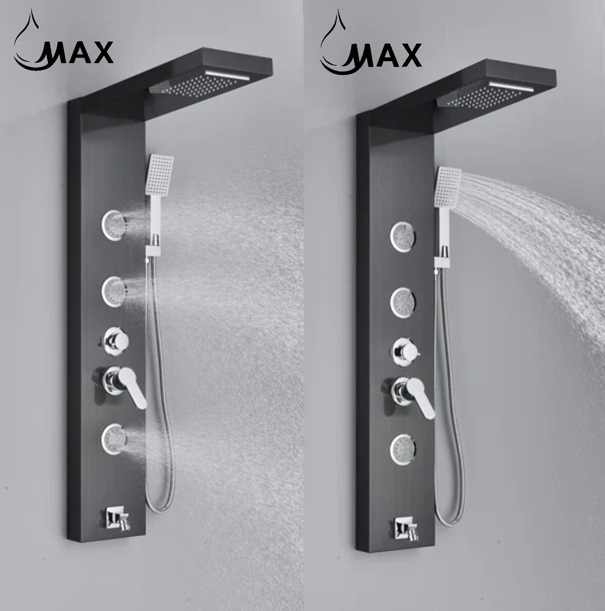Rainfall Shower Panel System Five Functions with 3 Massage Jets and Handheld Black Finish