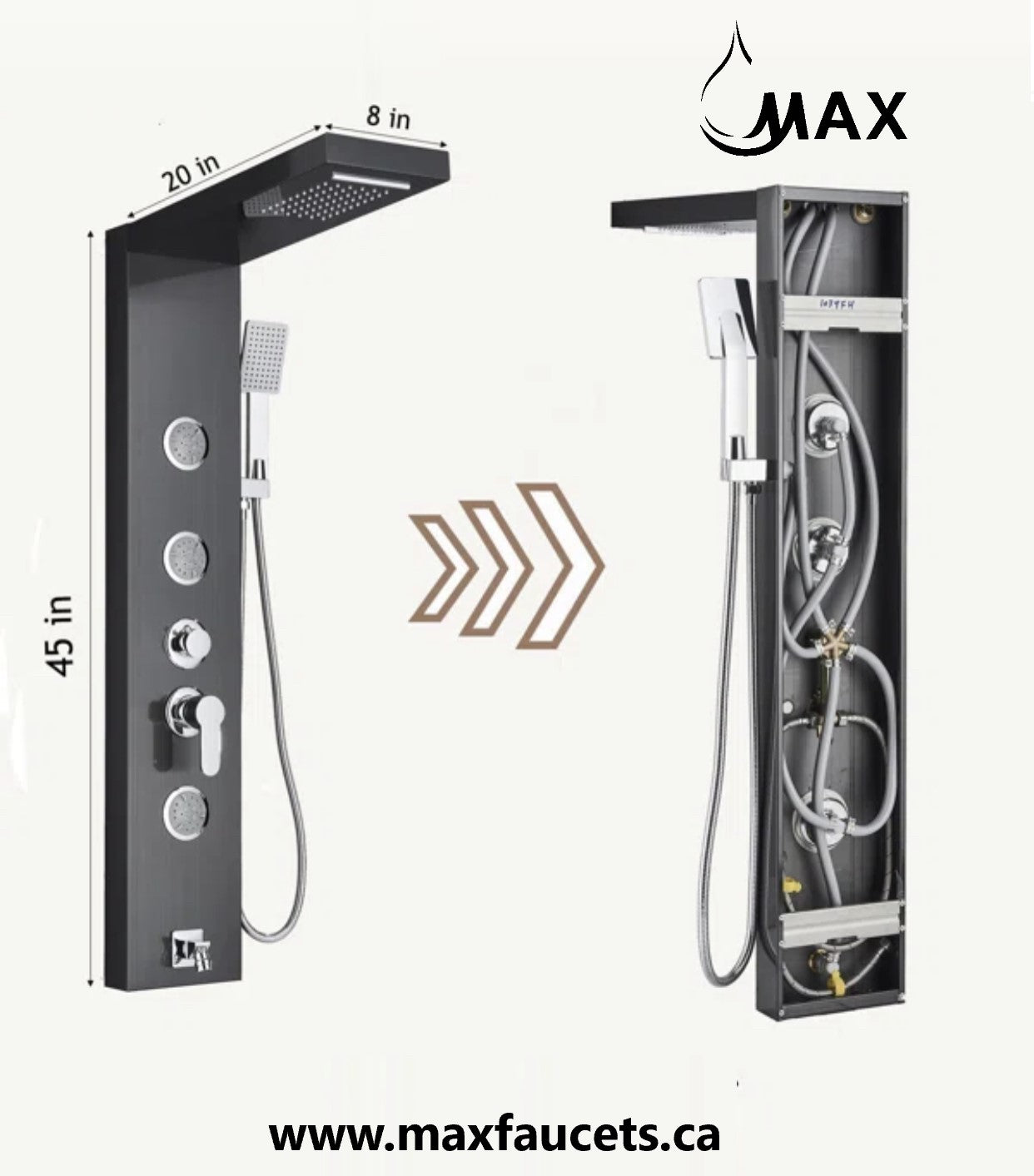 Rainfall Shower Panel System Five Functions with 3 Massage Jets and Handheld Black Finish