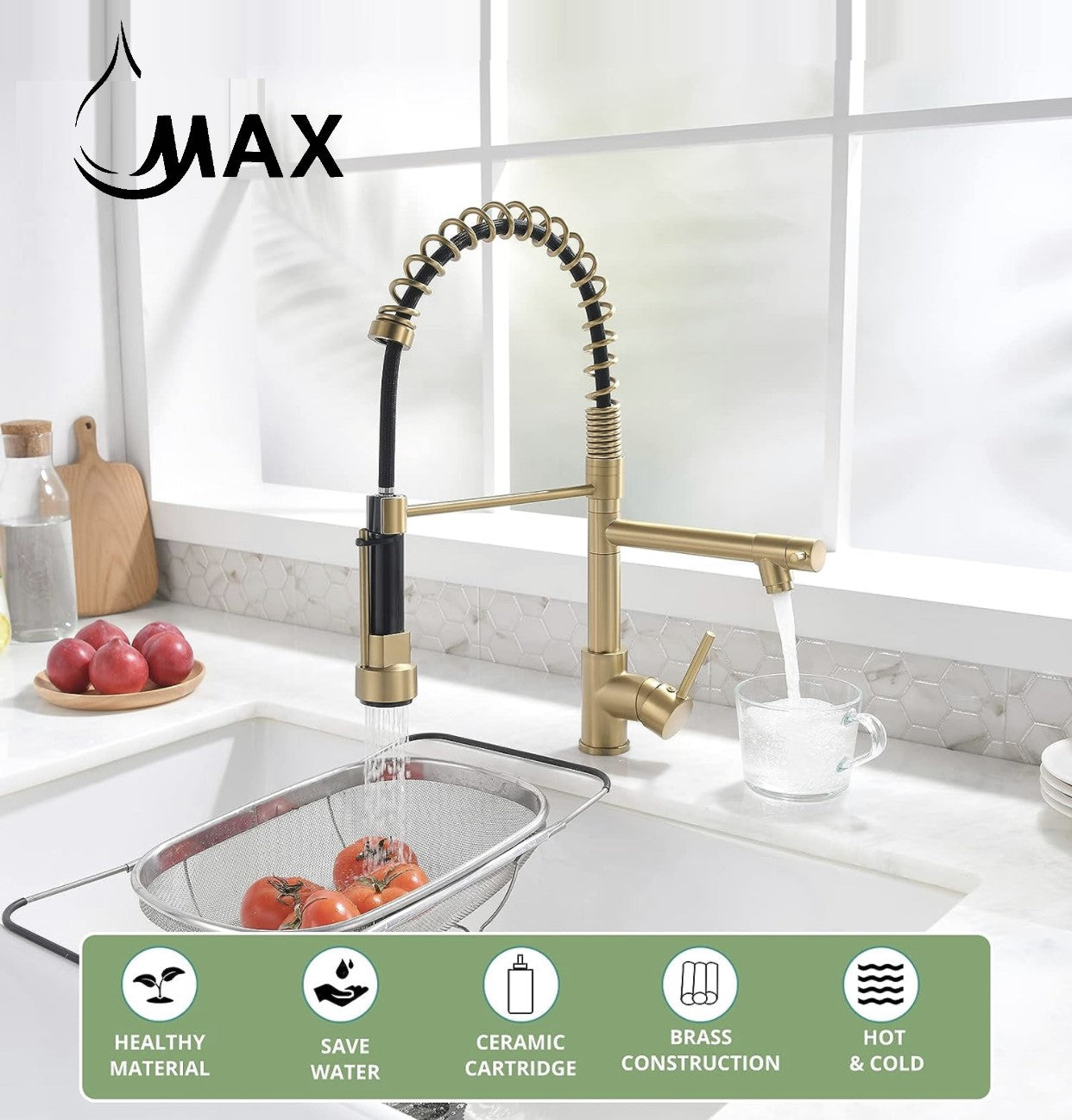 Hands Free Kitchen Faucet Pre-Rinse Pull-Down Flexible With Separate Pot Filler Spout 19" Brushed Gold Finish
