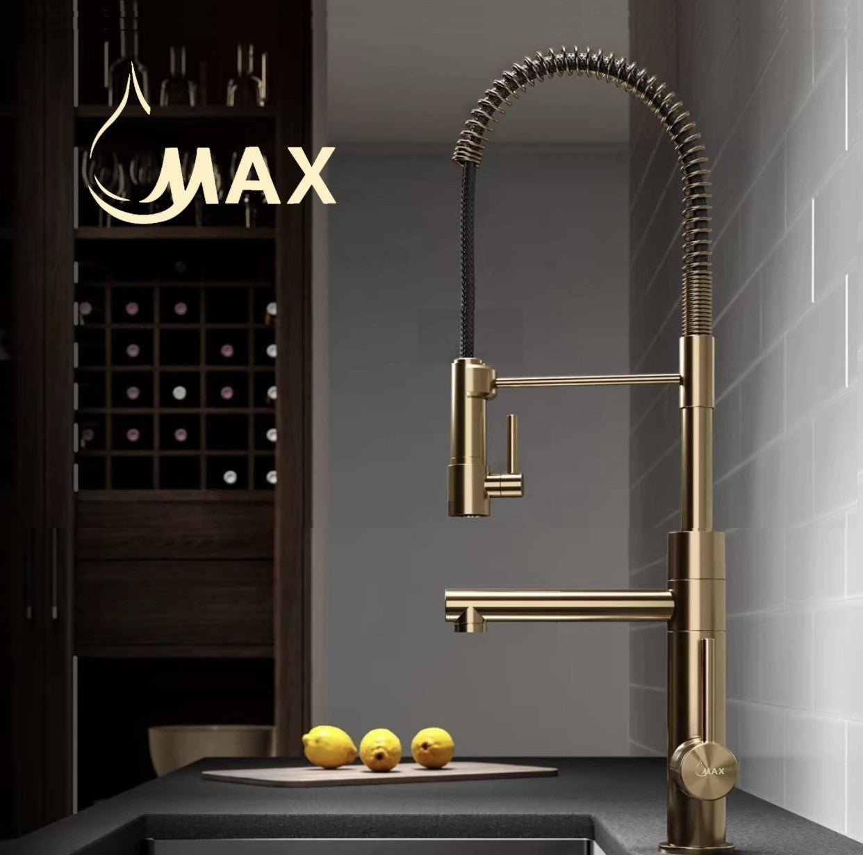 Chef Style Kitchen Faucet Pre-Rinse Spring Spout 24" with Pot Filler Pull-Down Two Function Brushed Gold