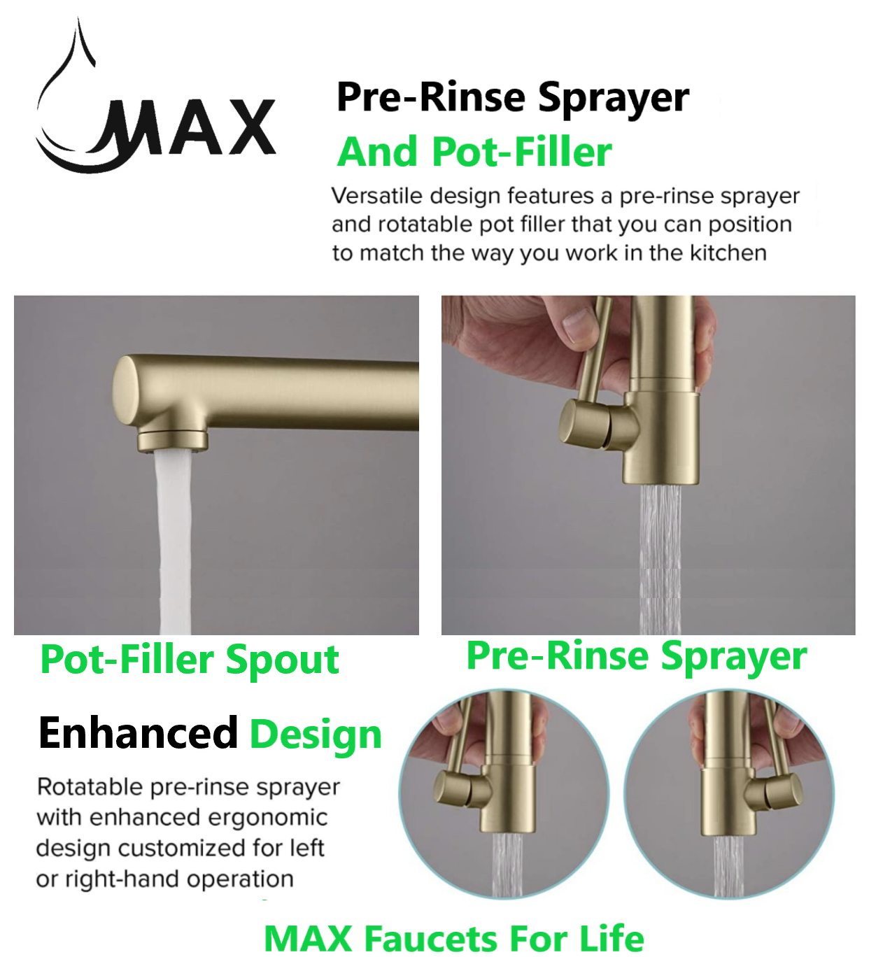 Chef Style Kitchen Faucet Pre-Rinse Spring Spout 24" with Pot Filler Pull-Down Two Function Brushed Gold