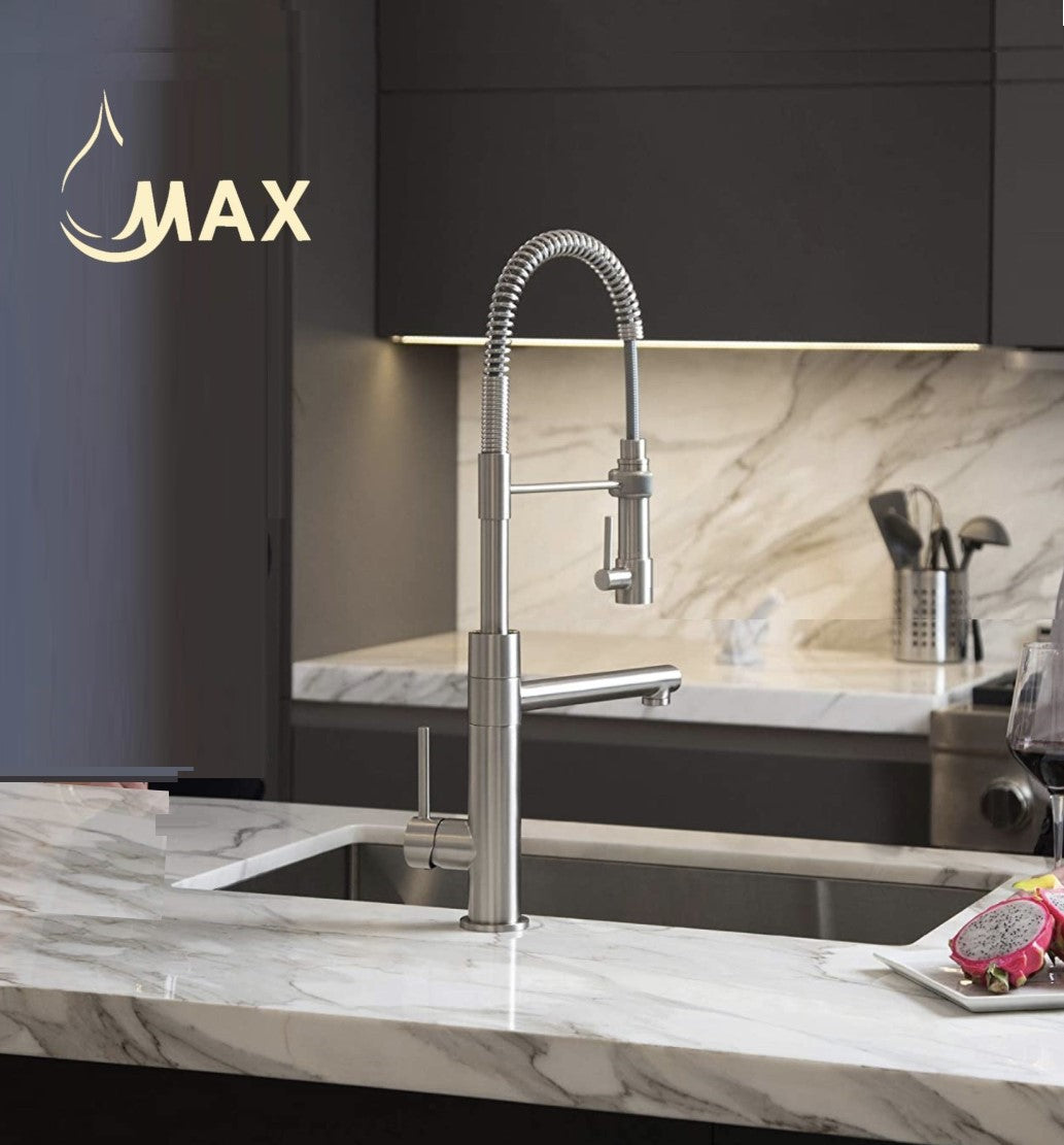 Pre-Rinse Kitchen Faucet Spring Spout and Pot Filler Pull-Down Two Function Chef Style Brushed Nickel