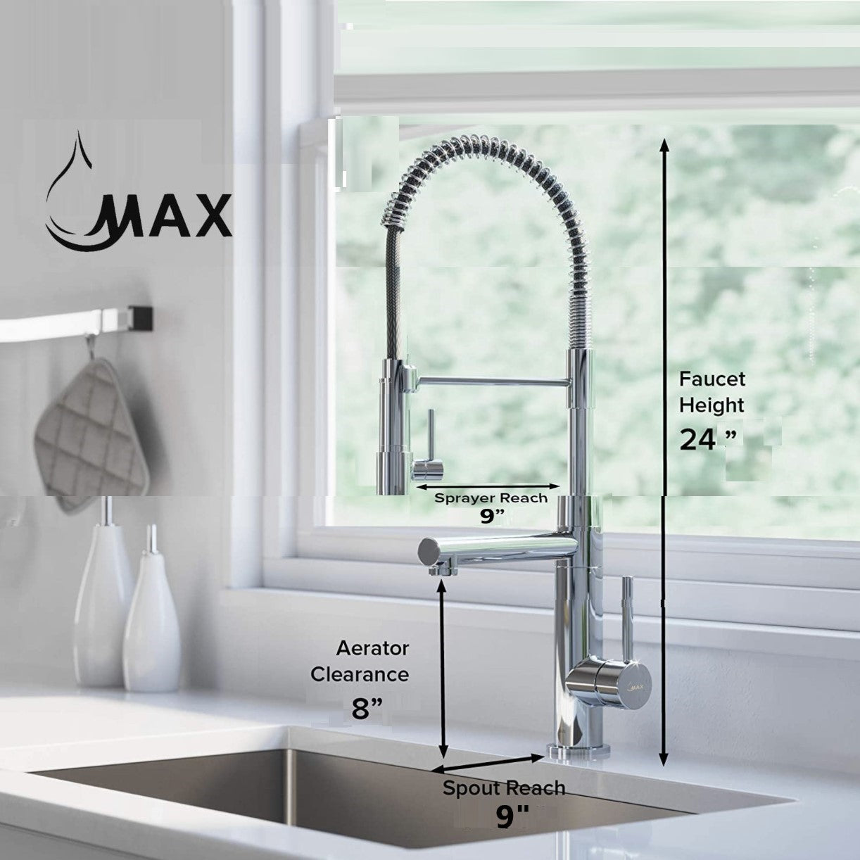 Pre-Rinse Kitchen Faucet Spring Spout 24" With Pot Filler, Pull-Down Two Function Chef Style Chrome Finish