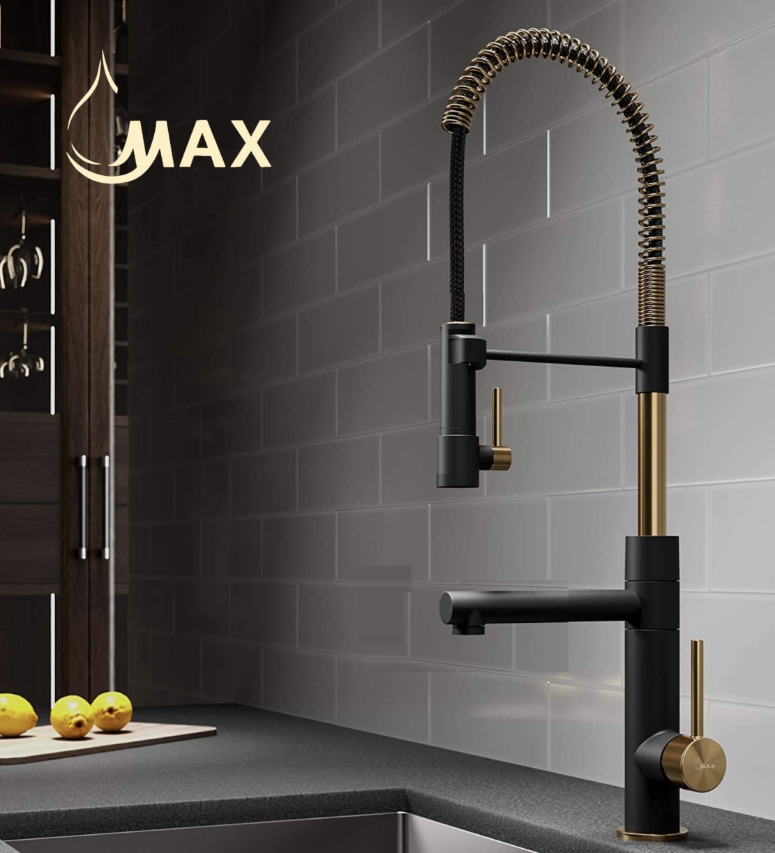 Kitchen Faucet Chef Style Pre-Rinse Spring Spout 24" With Pot Filler Pull-Down Two Function Matte Black/Brushed Gold