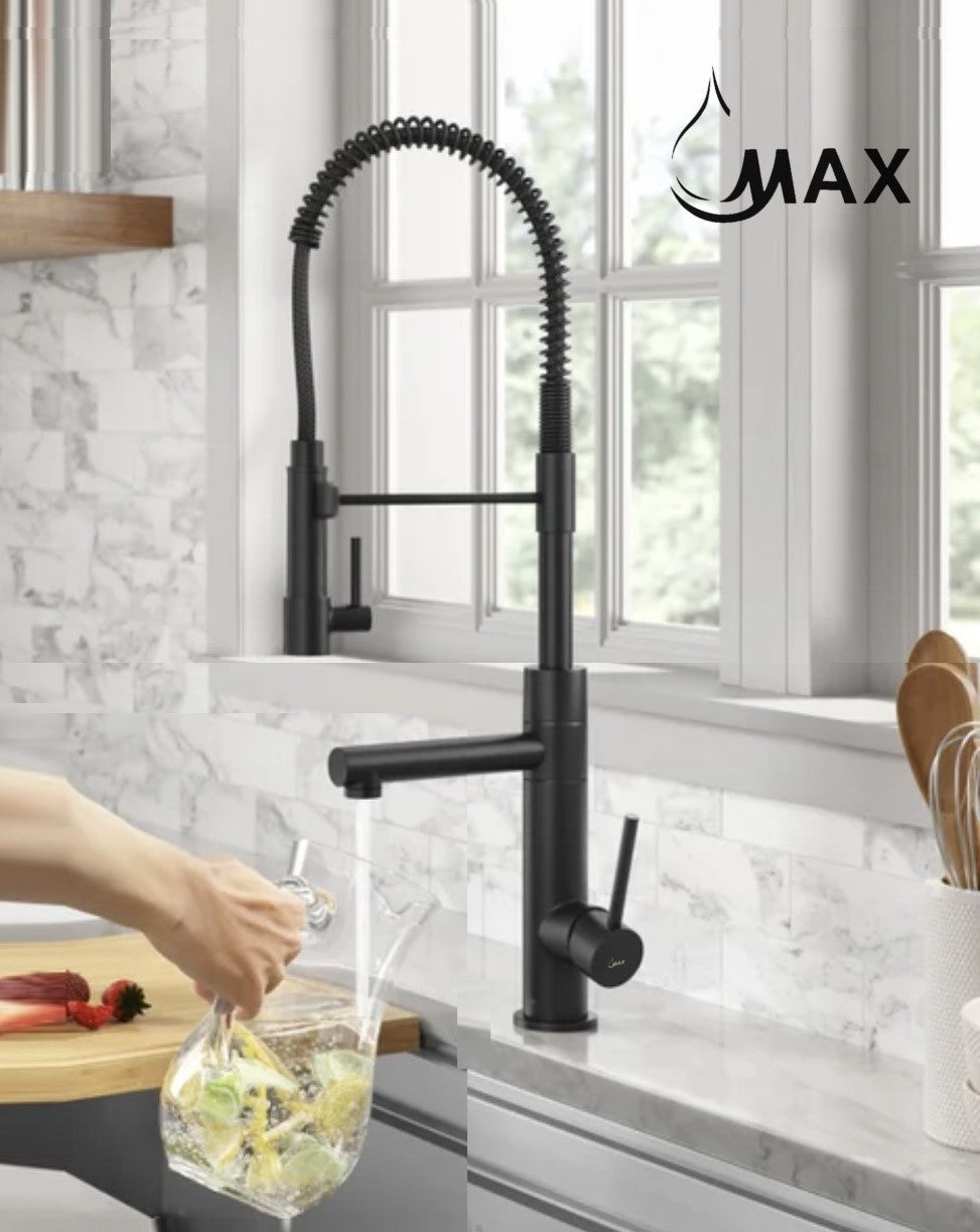 Matte Black Chef Style Kitchen Faucet Pre-Rinse Spring Spout 24" With Pot Filler Pull-Down Two Function
