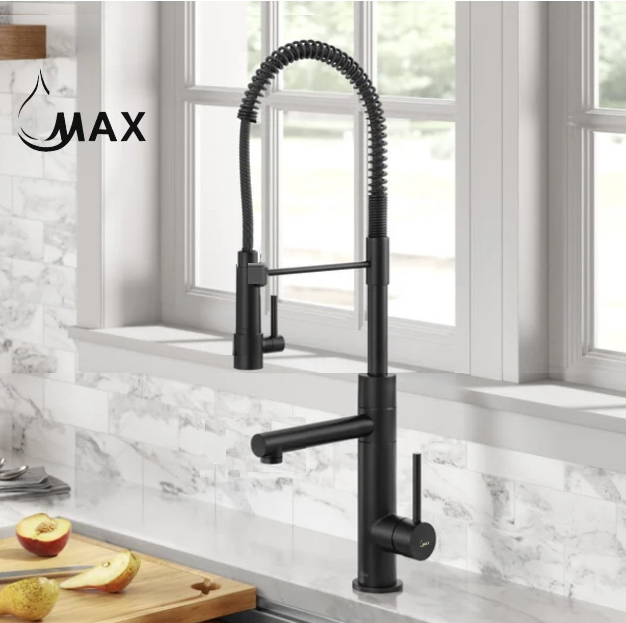 Matte Black Chef Style Kitchen Faucet Pre-Rinse Spring Spout 24" With Pot Filler Pull-Down Two Function