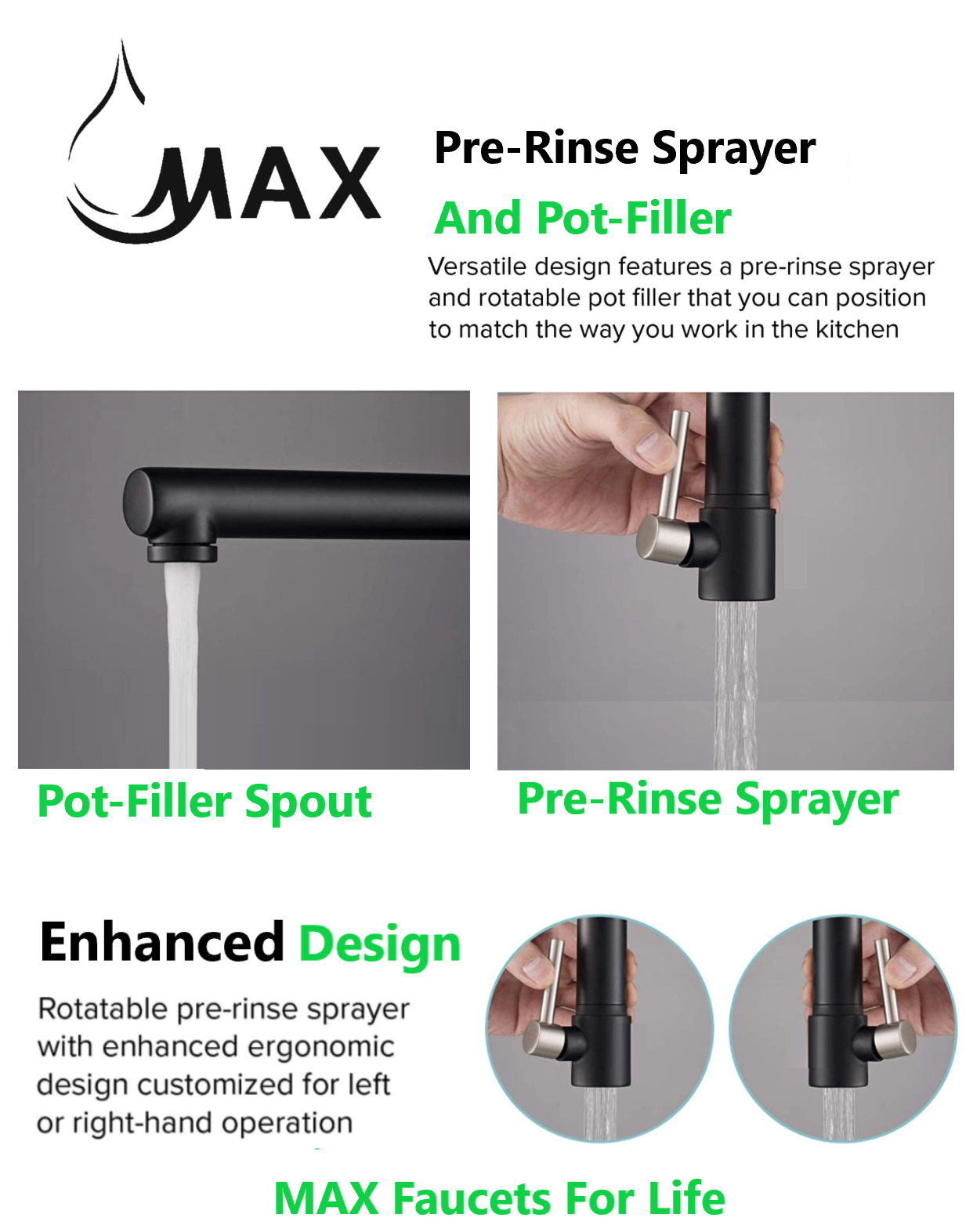 Kitchen Faucet Pull-Down Chef Style Pre-Rinse Spring Spout and Pot Filler Two Function Matte Black/Brushed Nickel