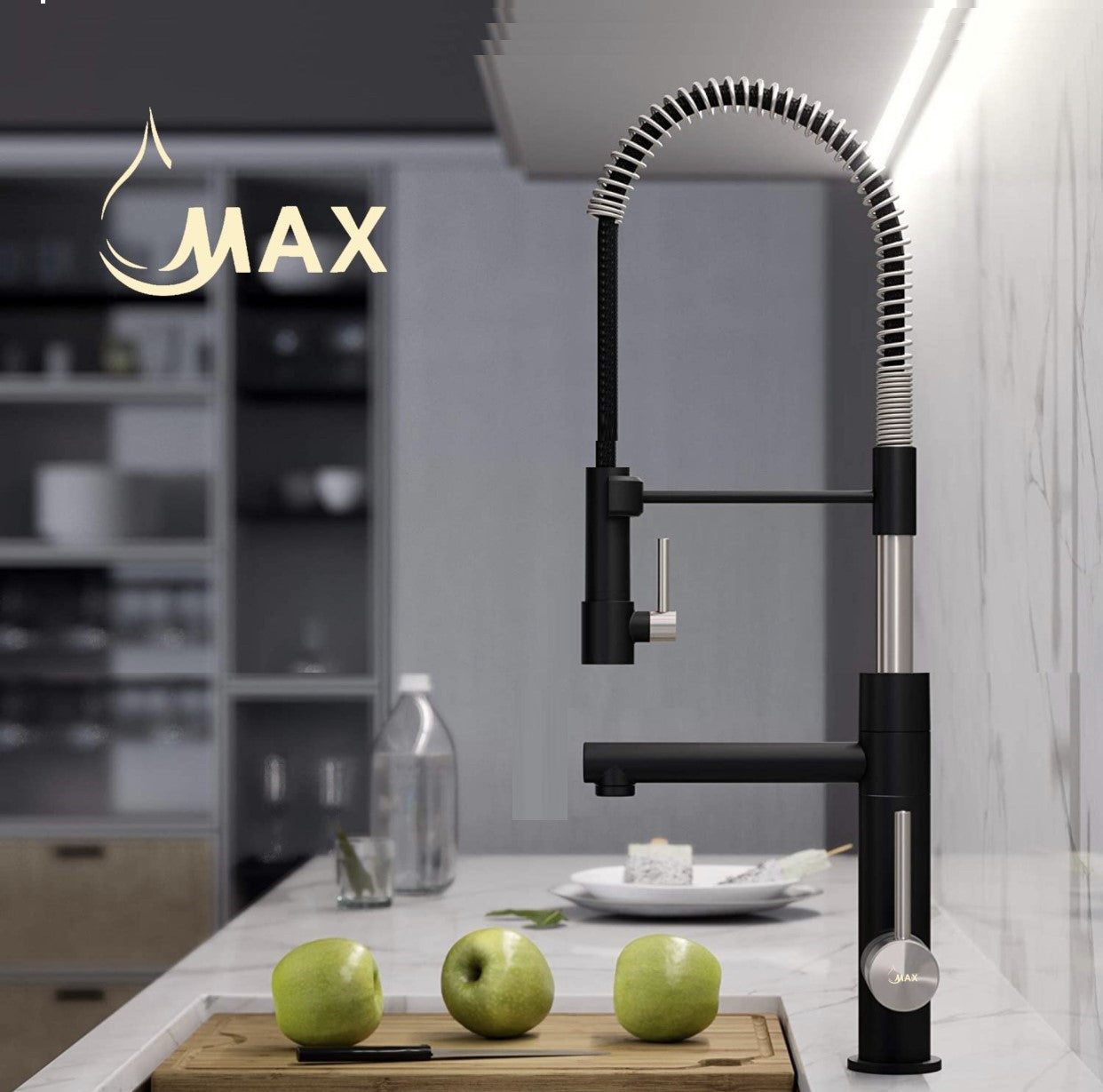 Kitchen Faucet Pull-Down Chef Style Pre-Rinse Spring Spout and Pot Filler Two Function Matte Black/Brushed Nickel