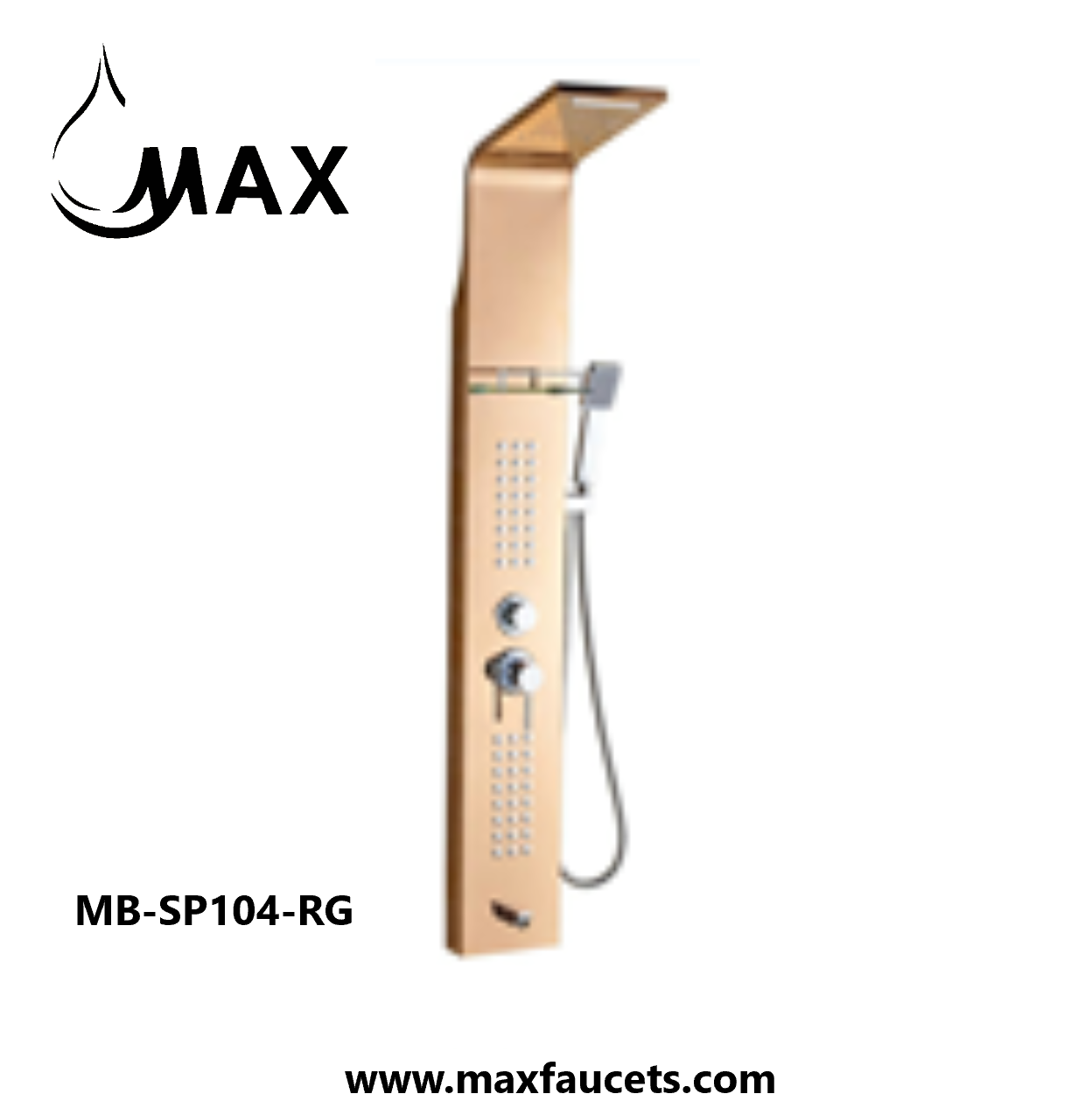Thermostatic Waterfall Shower Panel System with Massage Jets and Handheld Rose Gold