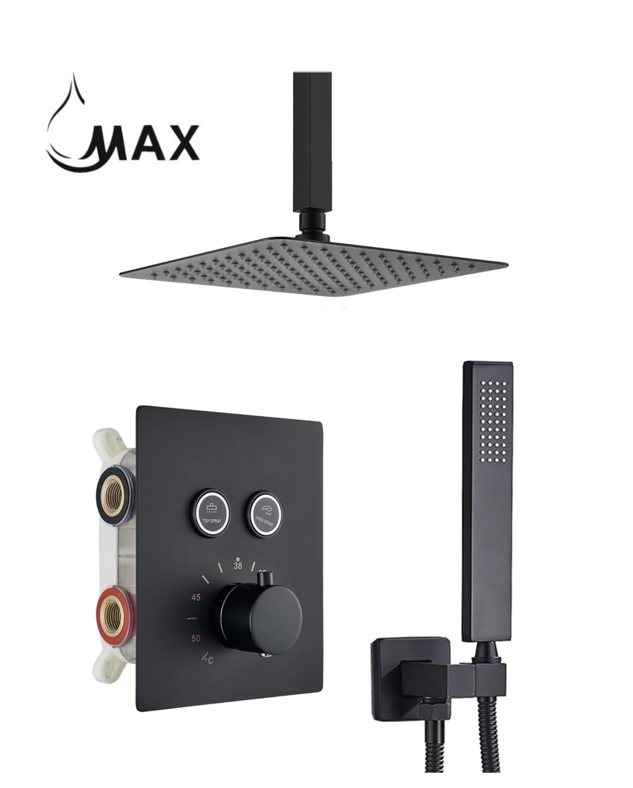Ceiling Thermostatic Shower System Two Functions With Valve Matte Black Finish