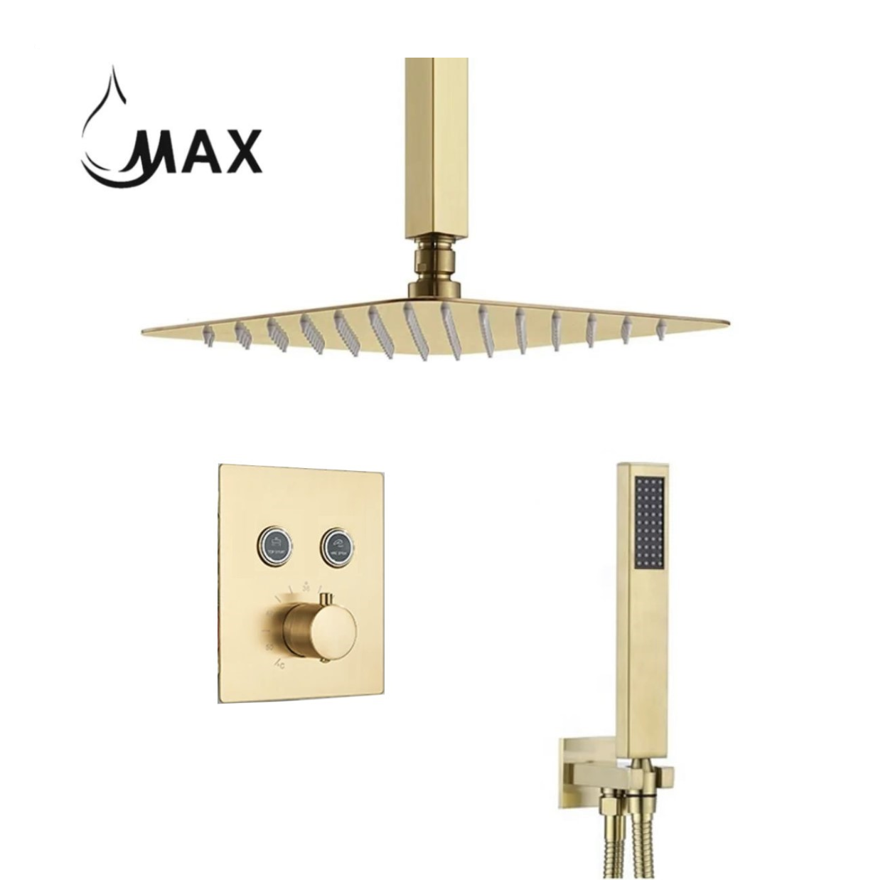 Ceiling Thermostatic Shower System Two Functions With Valve Brushed Gold Finish