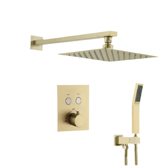 Thermostatic Shower System Set Two Functions With Push-Buttons and Pressure balance Valve Brushed Gold Finish