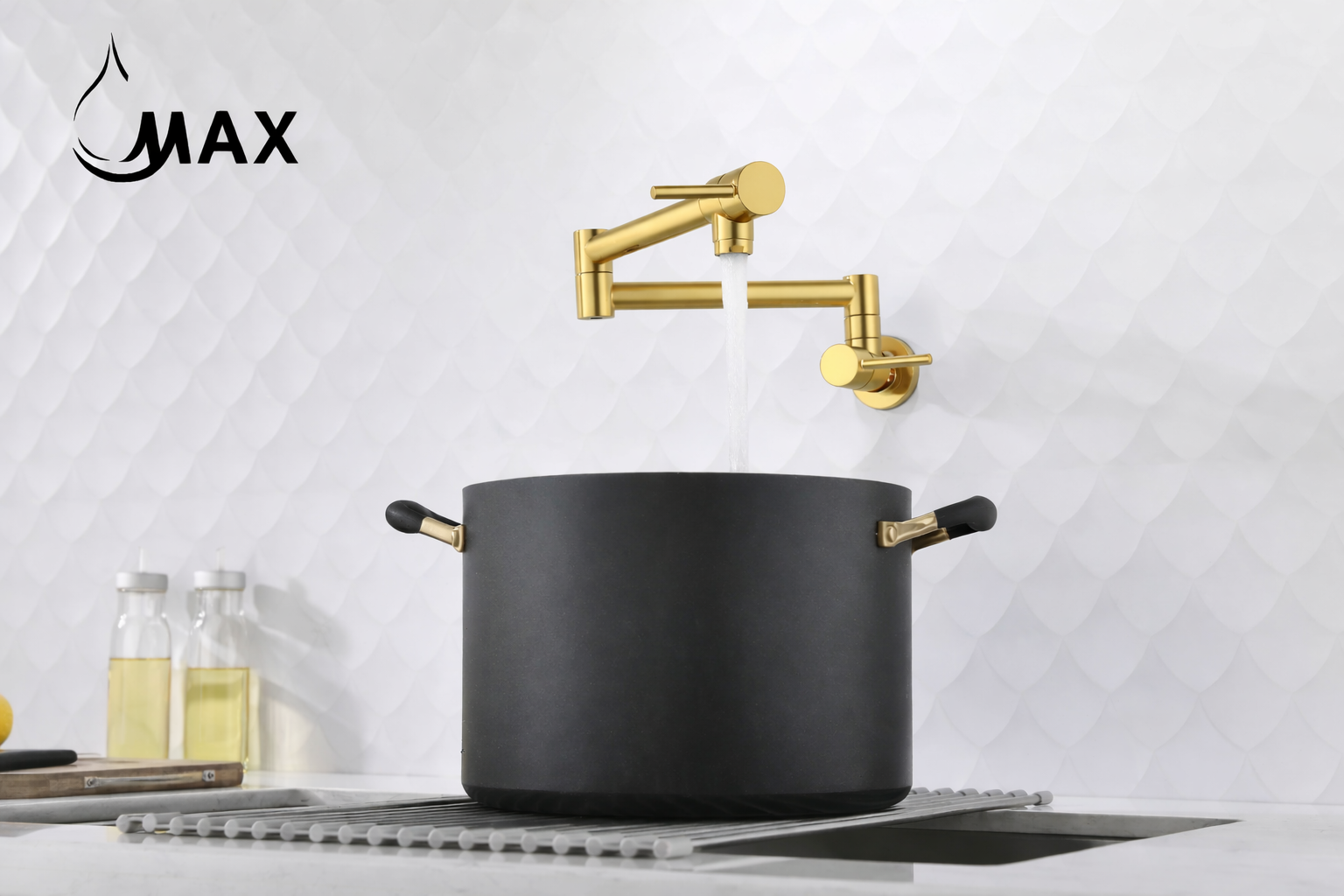 MAX Faucets Pot Filler Faucet – Double Handle Wall Mount Brushed Gold Finish, 20 Inch Reach, Premium Brass