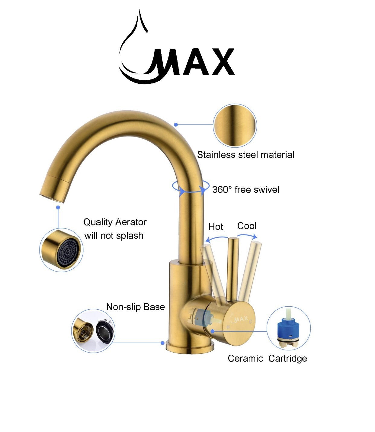 Bathroom Faucet Side Handle Swivel Spout Brushed Gold Finish