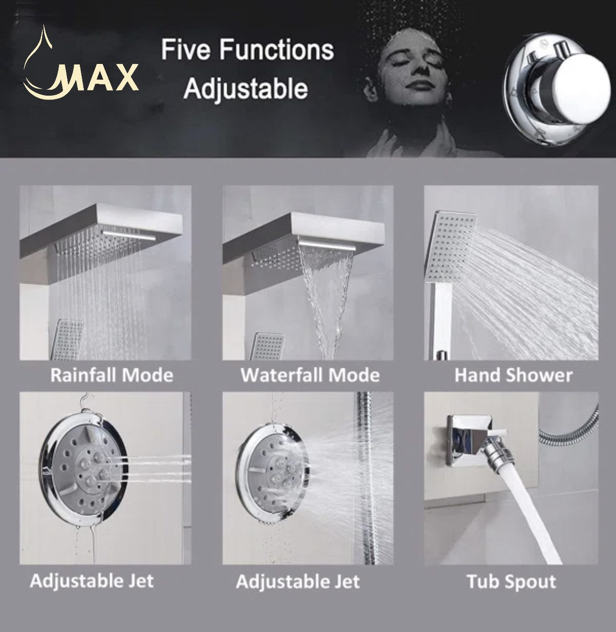 Rainfall Shower Panel System Five Functions with 3 Massage Jets and Handheld Brushed Nickel Finish