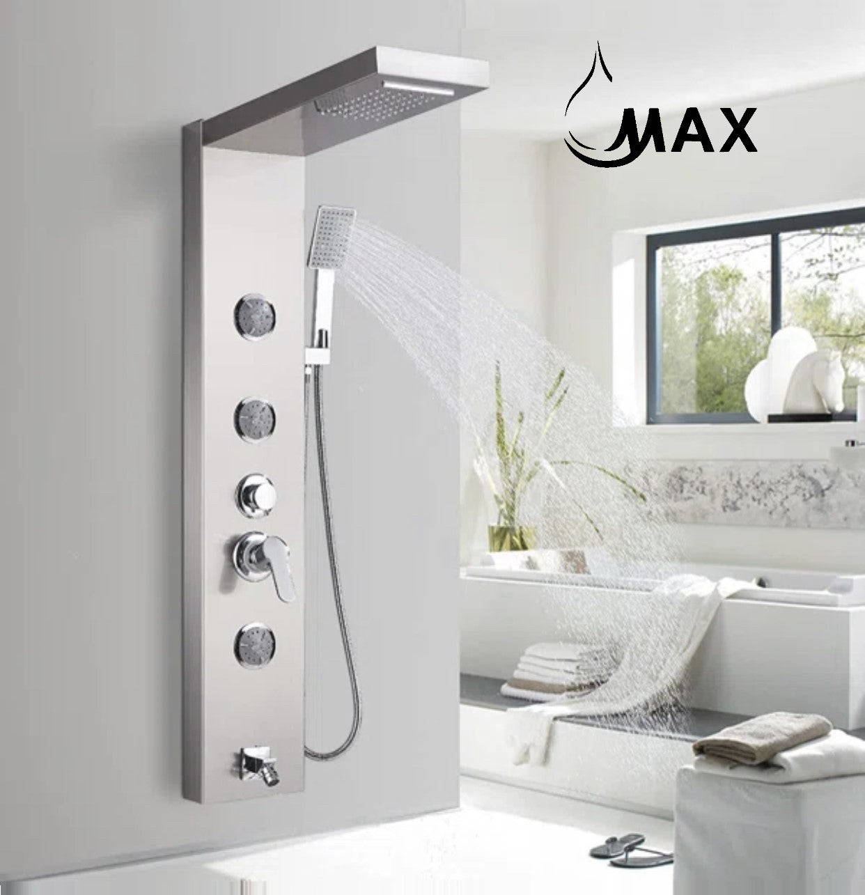 Rainfall Shower Panel System Five Functions with 3 Massage Jets and Handheld Brushed Nickel Finish