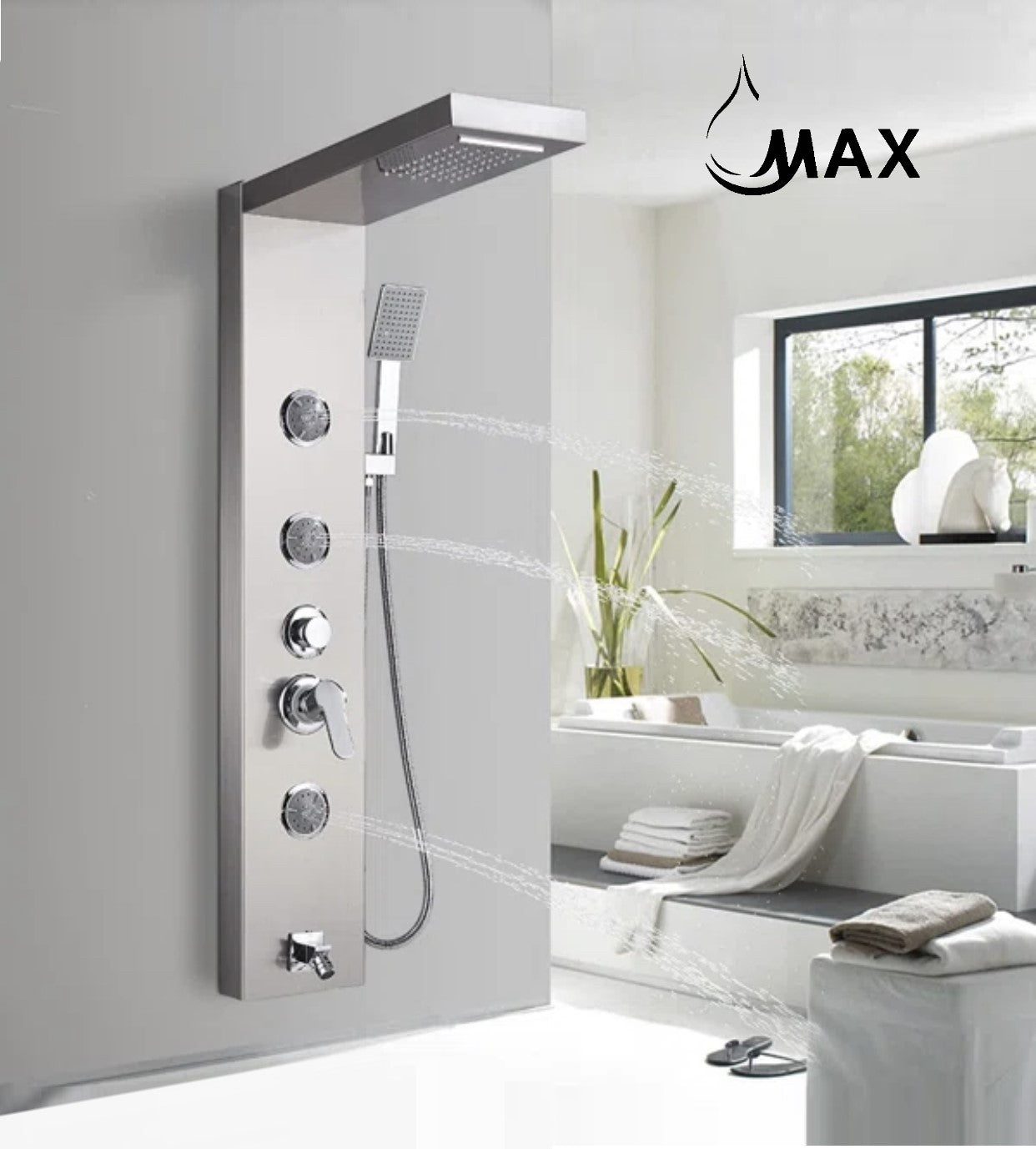Rainfall Shower Panel System Five Functions with 3 Massage Jets and Handheld Brushed Nickel Finish