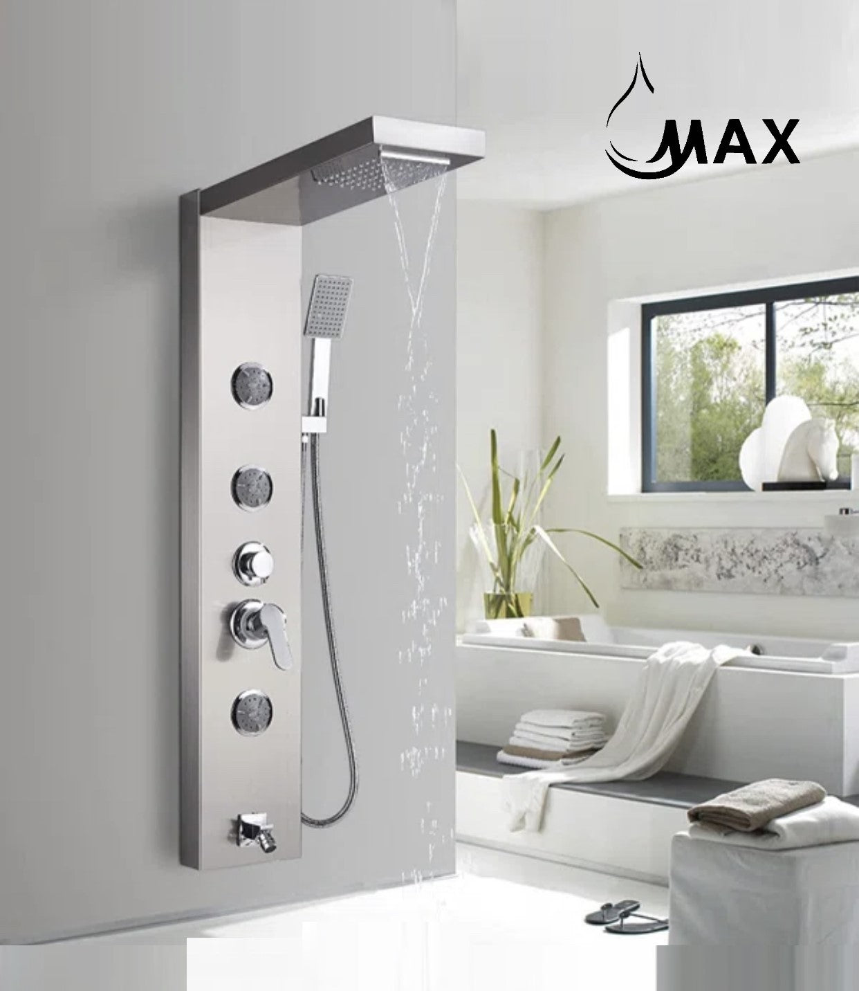 Rainfall Shower Panel System Five Functions with 3 Massage Jets and Handheld Brushed Nickel Finish