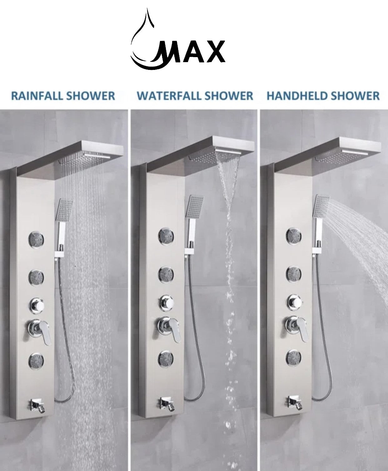 Rainfall Shower Panel System Five Functions with 3 Massage Jets and Handheld Brushed Nickel Finish