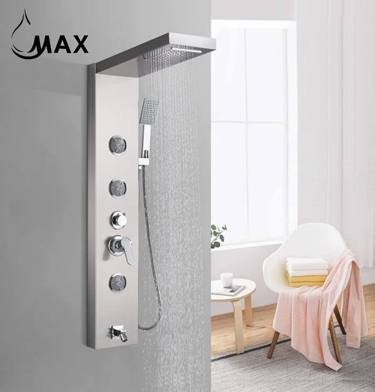 Rainfall Shower Panel System Five Functions with 3 Massage Jets and Handheld Brushed Nickel Finish