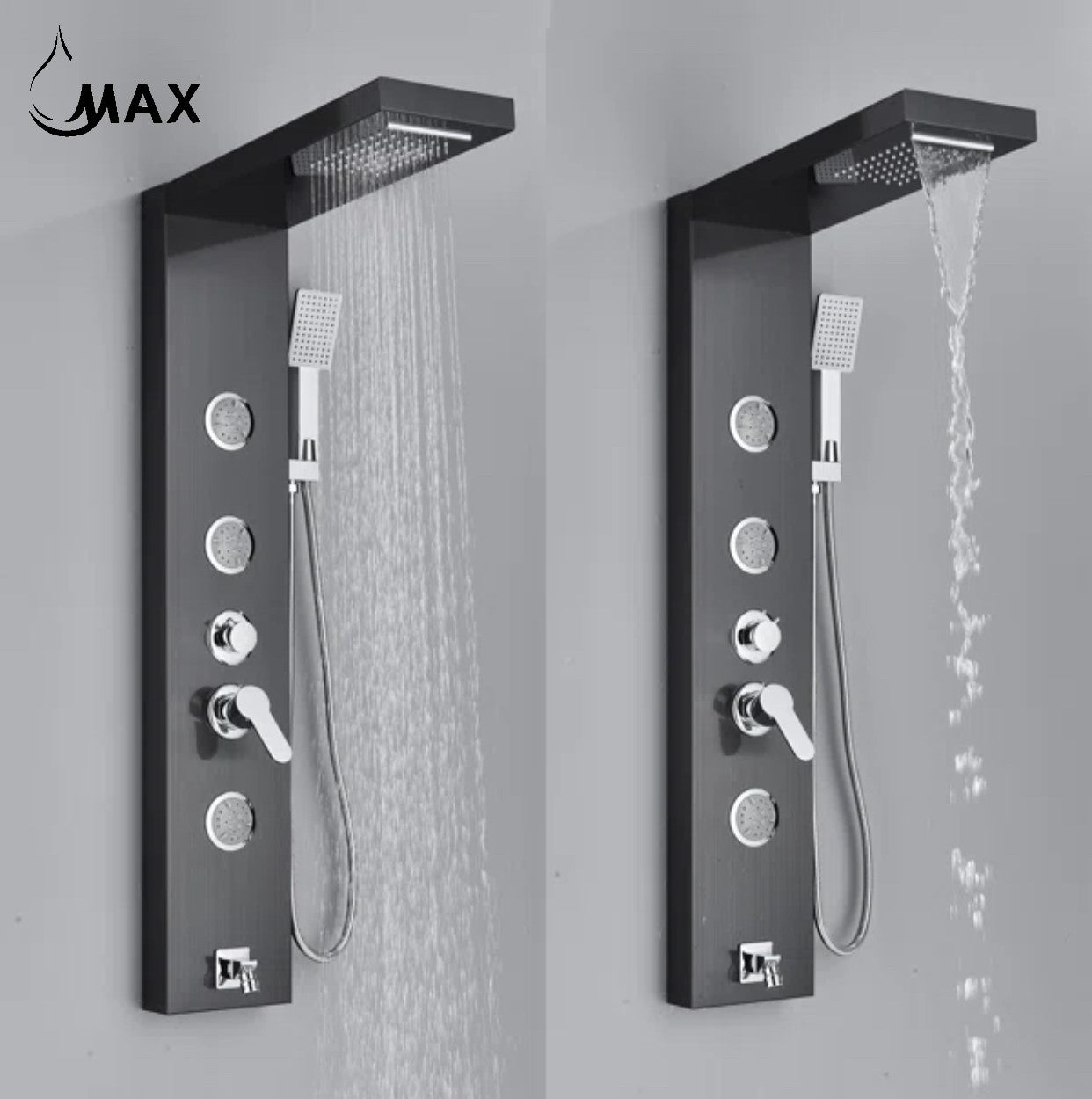 Rainfall Shower Panel System Five Functions with 3 Massage Jets and Handheld Black Finish